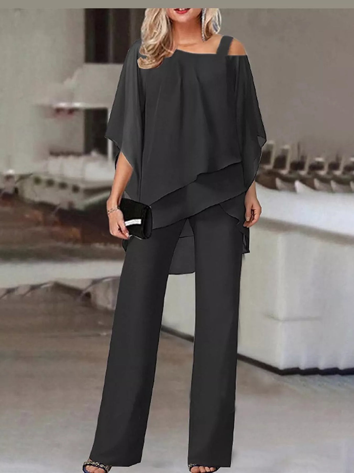 Cold-Shoulder Layered Top and Wide-Leg Pants Set — front view