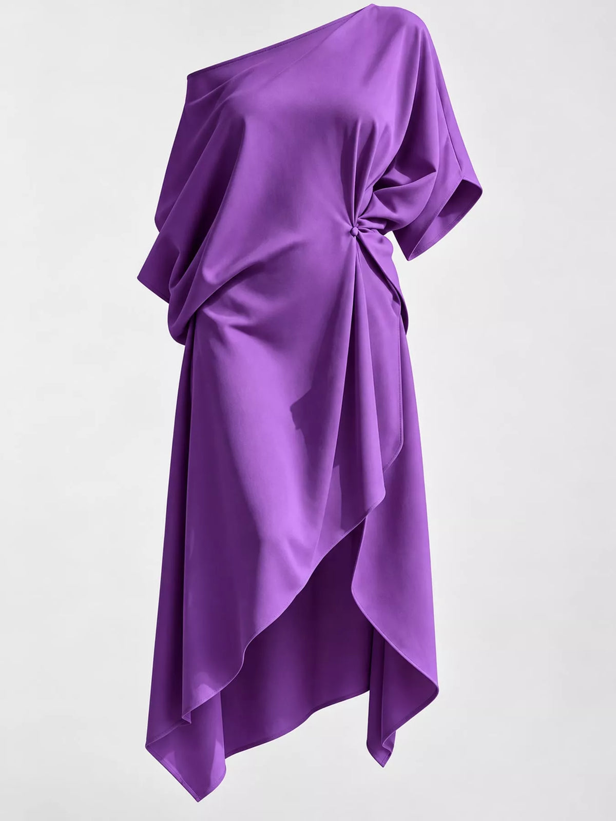 One-shoulder dress, purple ruched hem detail