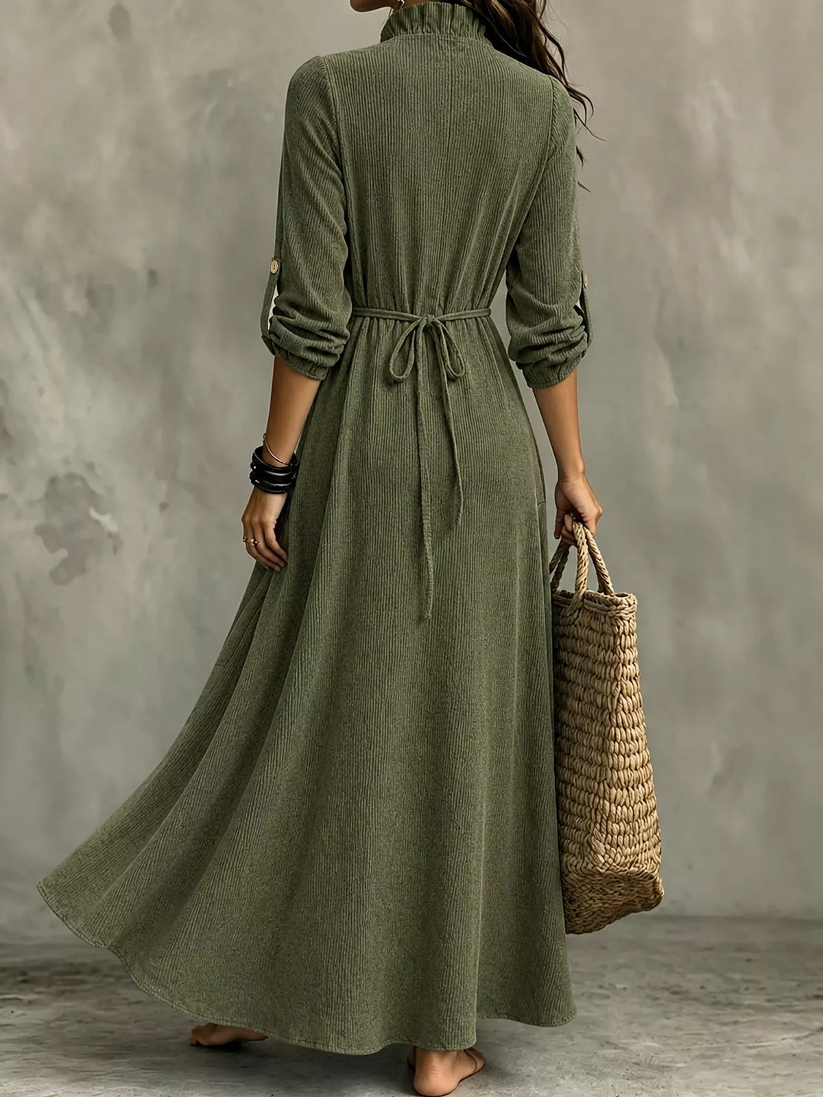 Frill-trim maxi dress, olive back