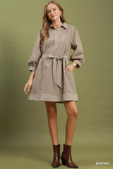 Trendsi Umgee Striped Contrast Belted Puff Sleeve Mini Dress -