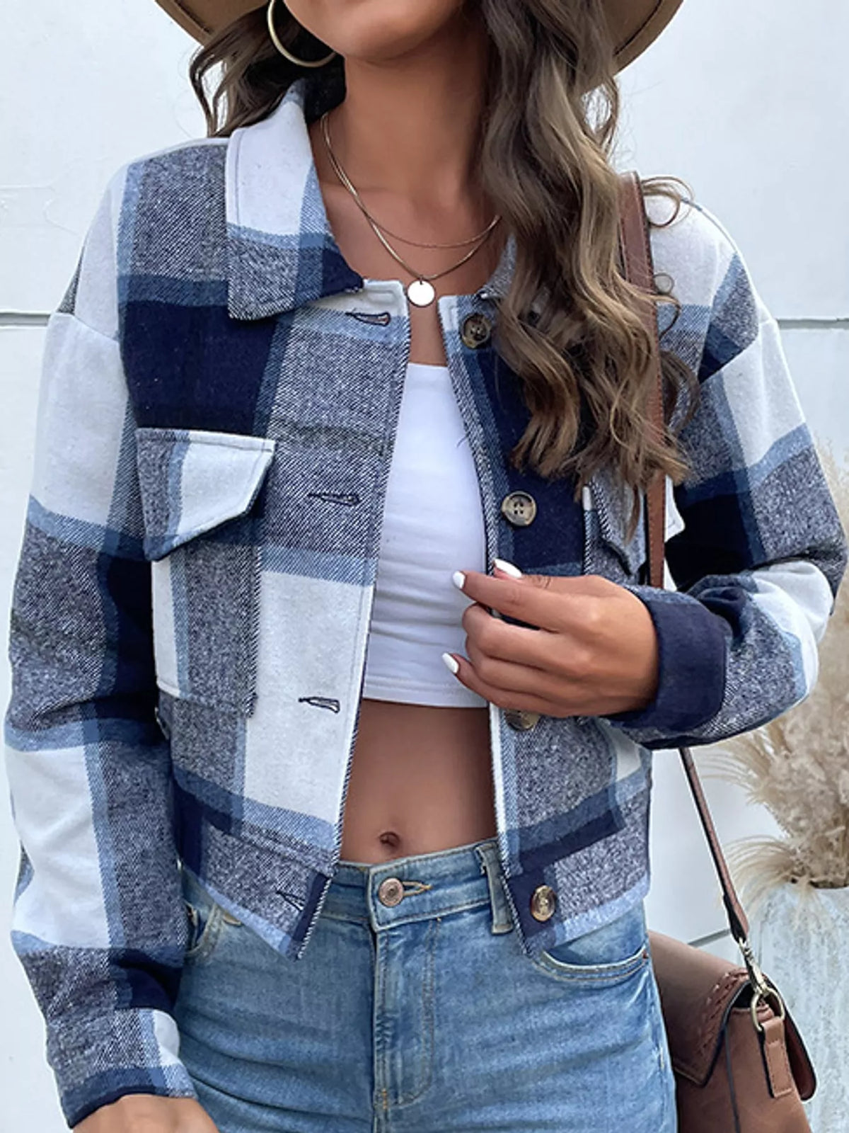 Navy plaid button-up cropped jacket