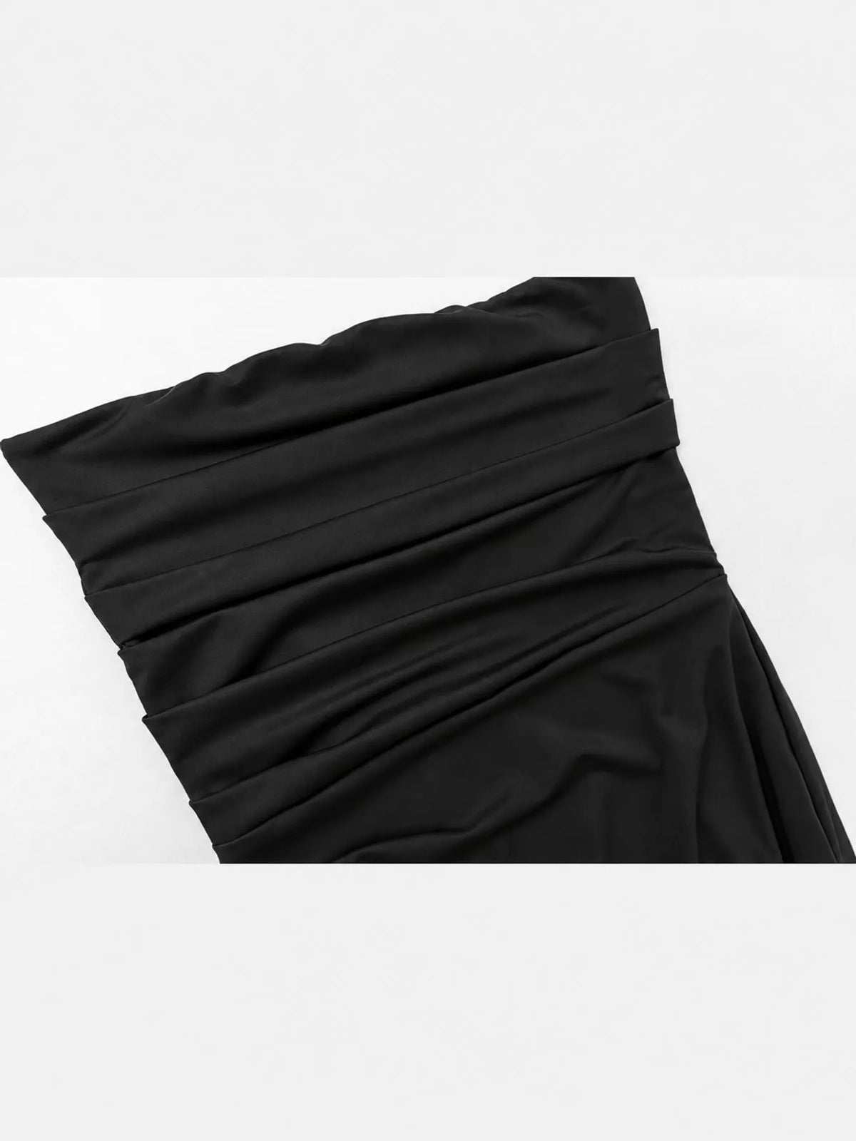 Black strapless high slit bodycon maxi evening dress, detail view