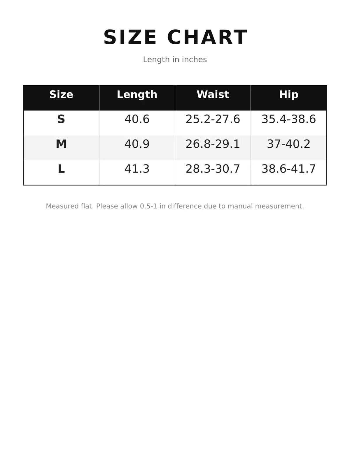 Size chart for front slit flare pants