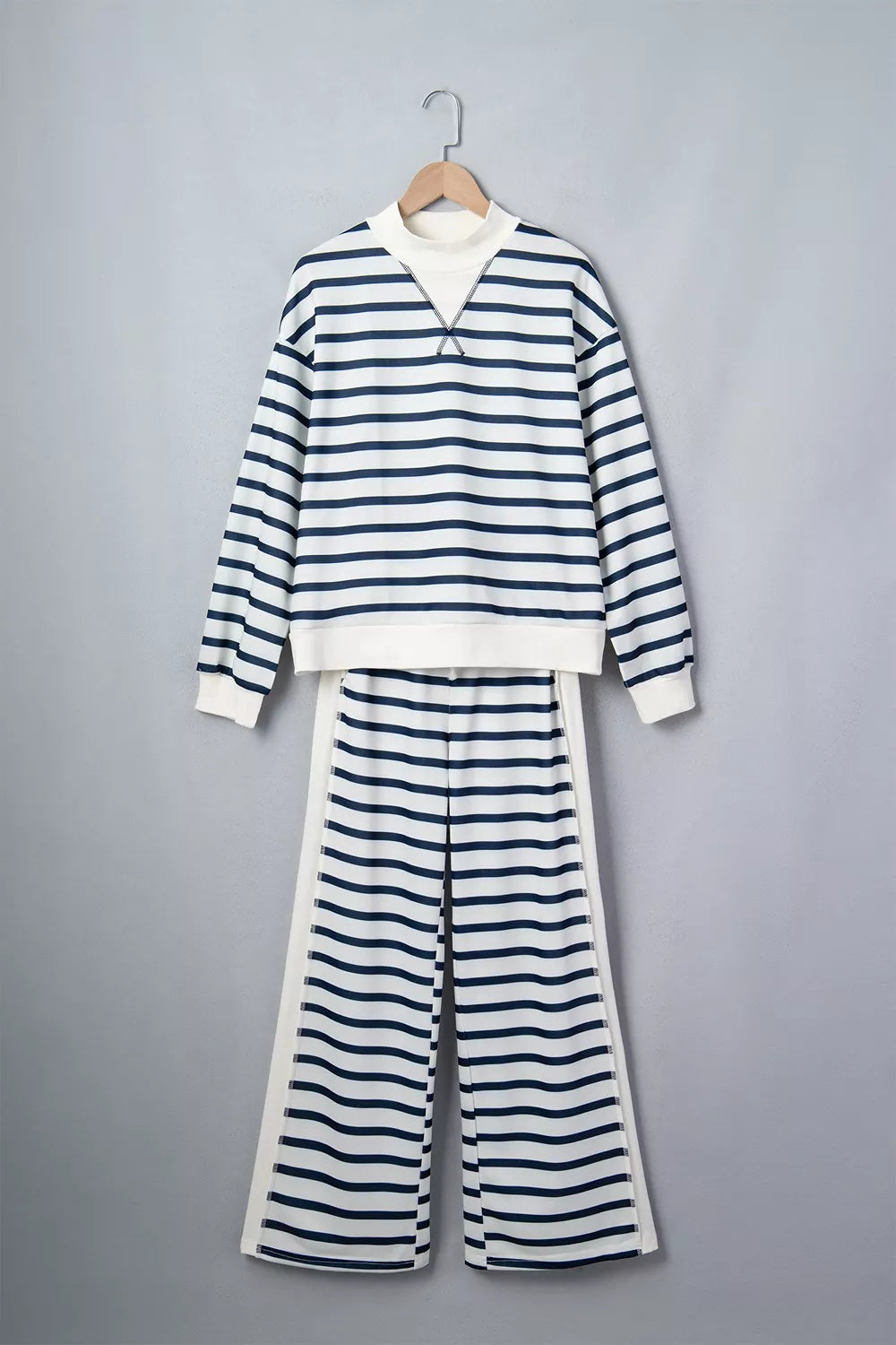 Women's Striped Long Sleeve Top and Wide-Leg Pants Set in White, close-up detail