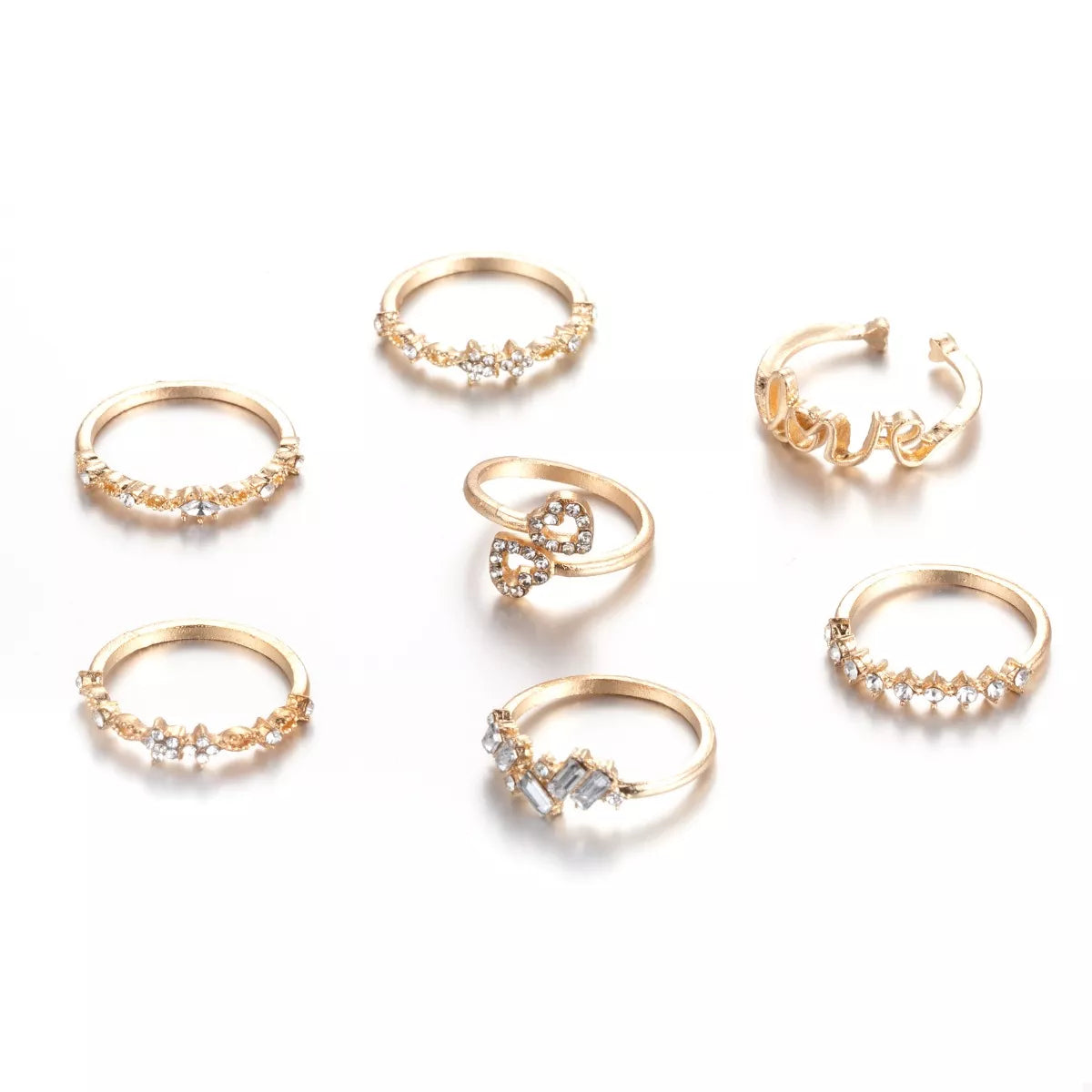 Trendsi 7 Piece 18K Gold-Plated LOVE Zircon Ring Set -