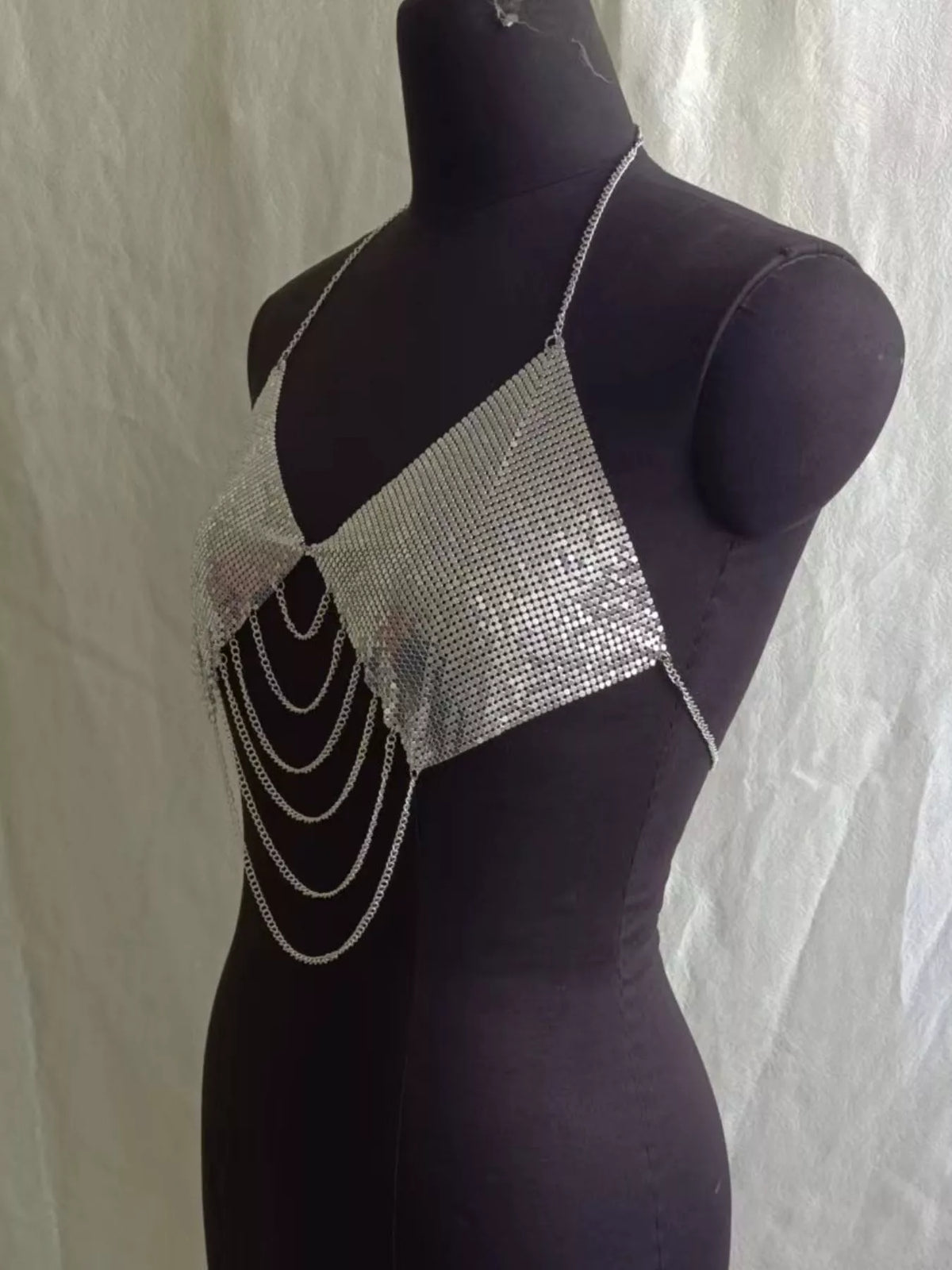 Silver metallic chainmail halter cami top, side view