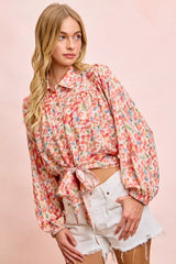 Trendsi BiBi Floral Print Tie Hem Detail Crop Shirt - Clothing Tops
