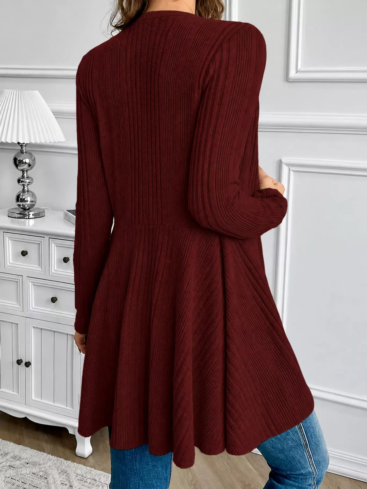 Burgundy ribbed knit open front cardigan, back view
