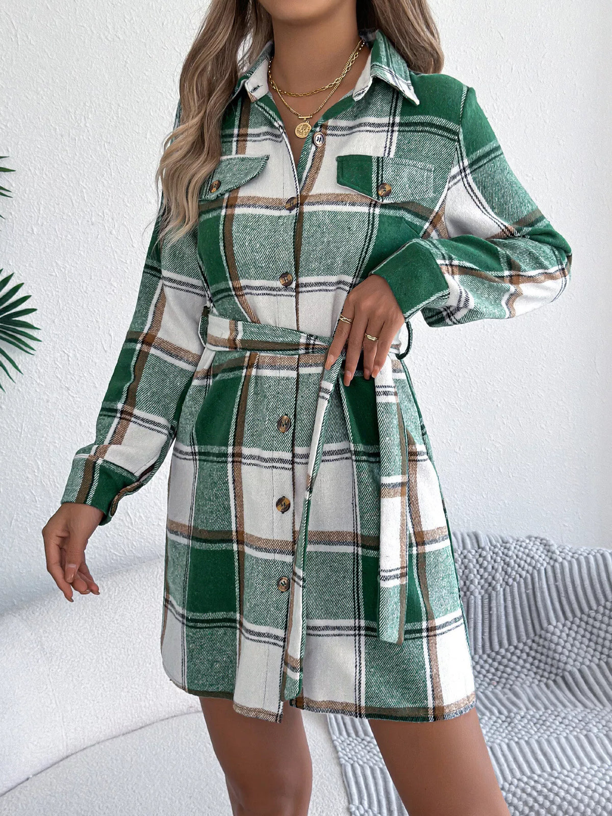 Green plaid button-front belted shirt dress