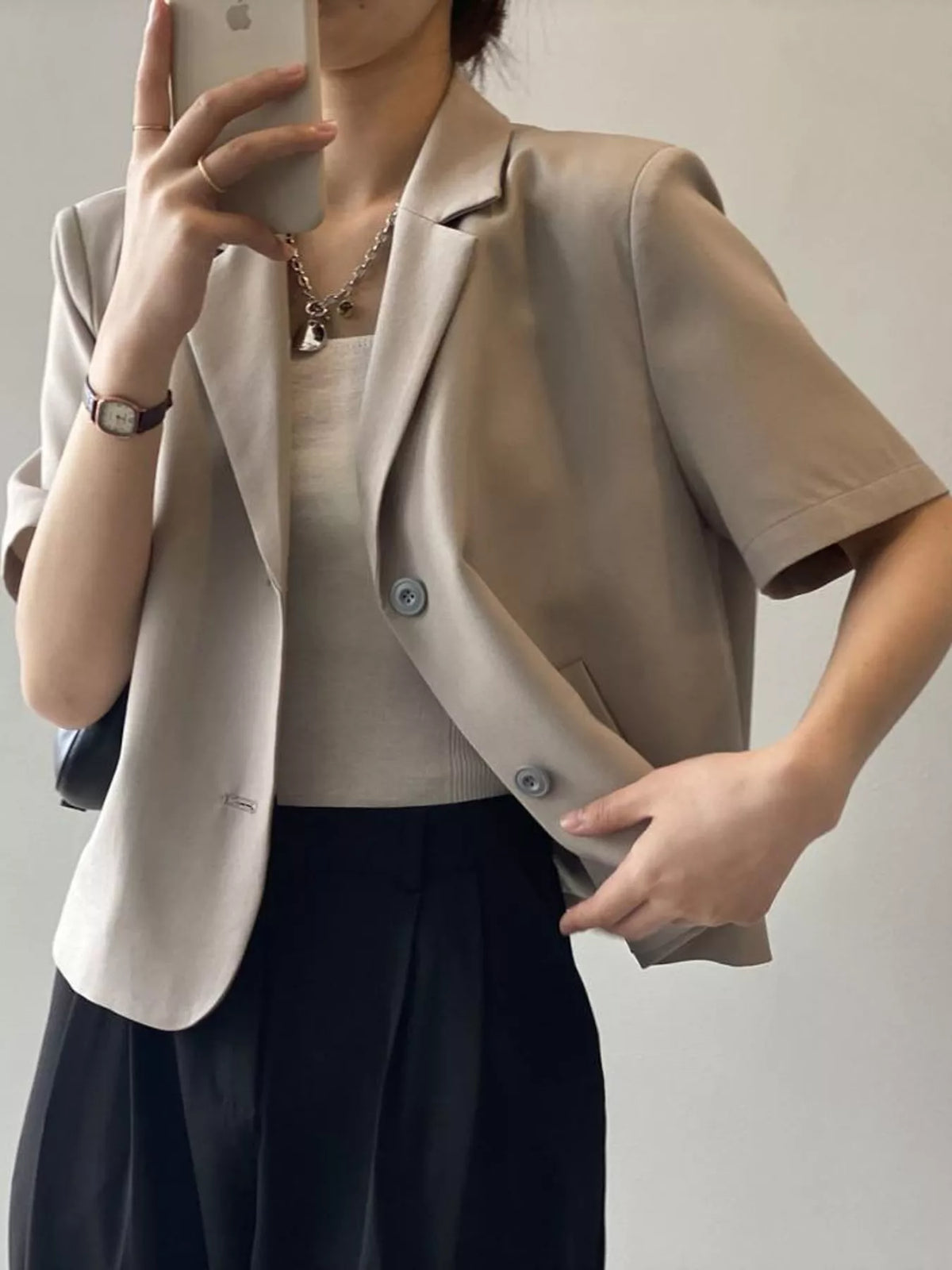 Collared short sleeve blazer, side view