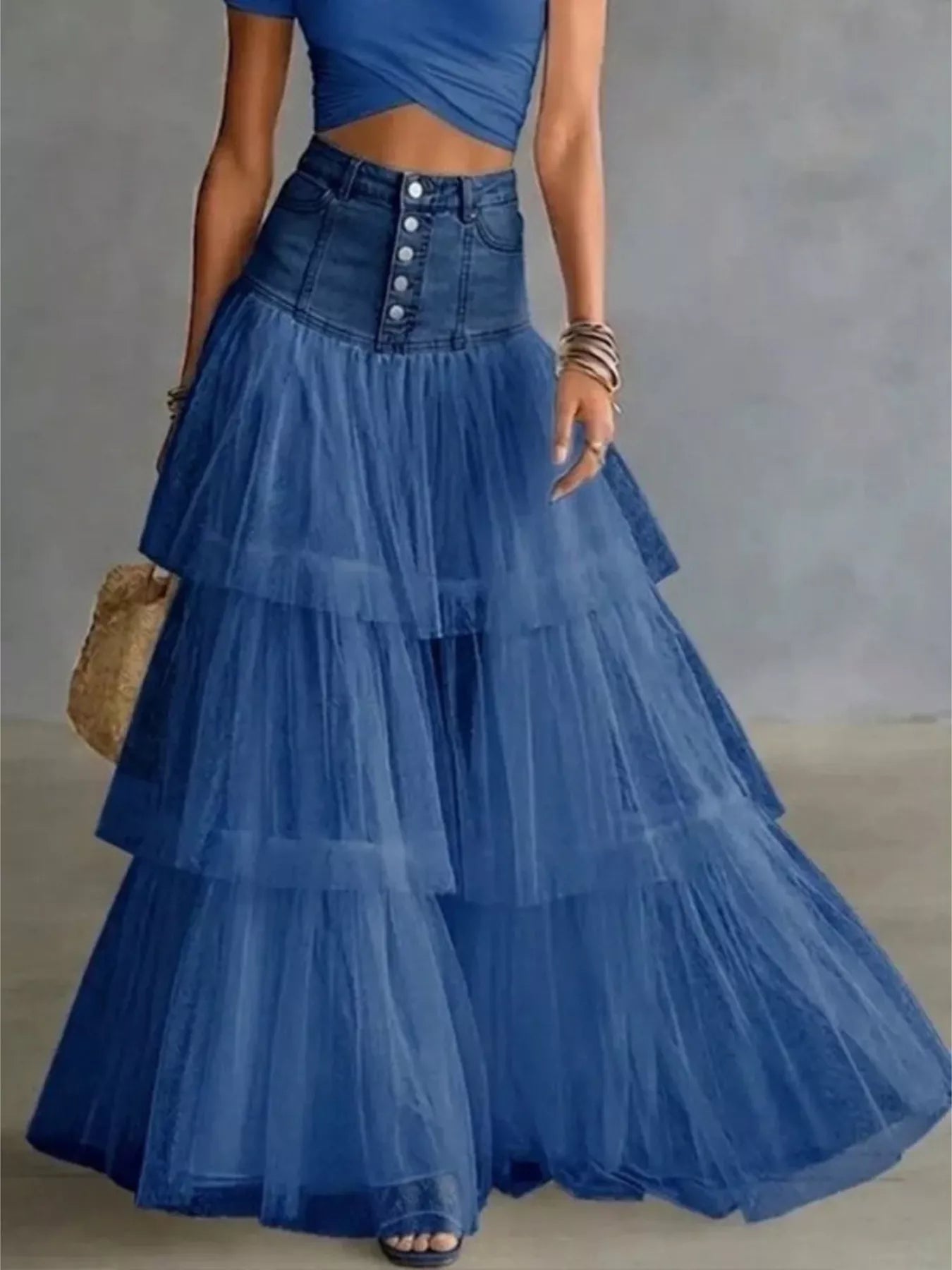 Trendsi High-Waisted Button-Front Denim and Tulle Maxi Skirt -