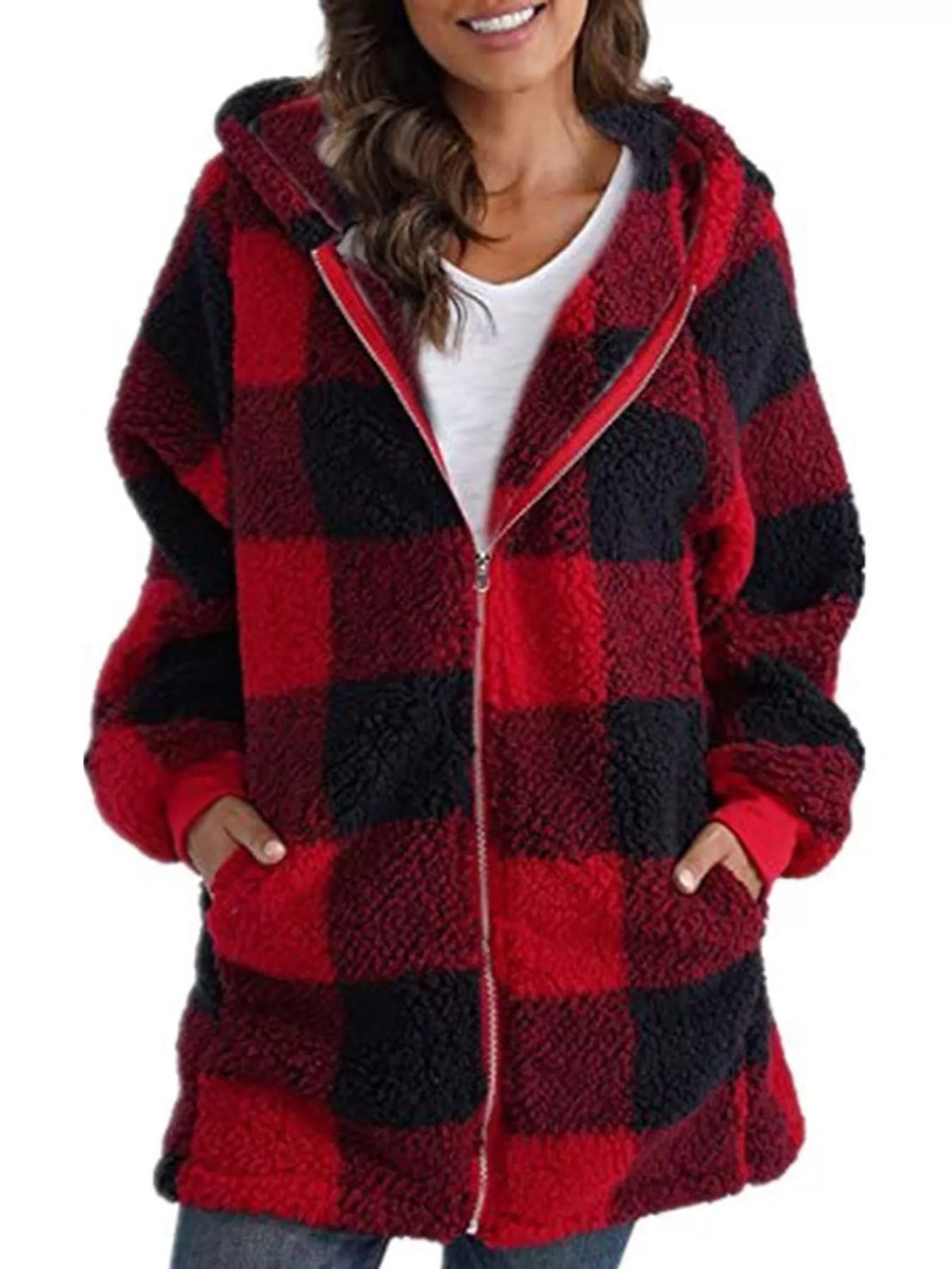 Red and black plaid sherpa hooded zip up jacket, front view