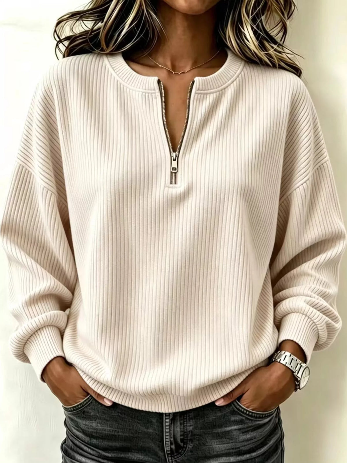 Women's Quarter-Zip Dropped Shoulder Sweatshirt in cream — front view