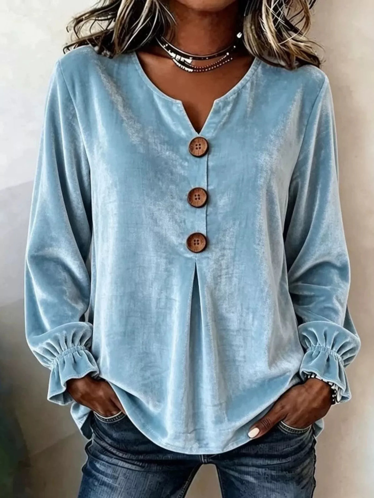 Light blue velvet balloon-sleeve blouse, front view