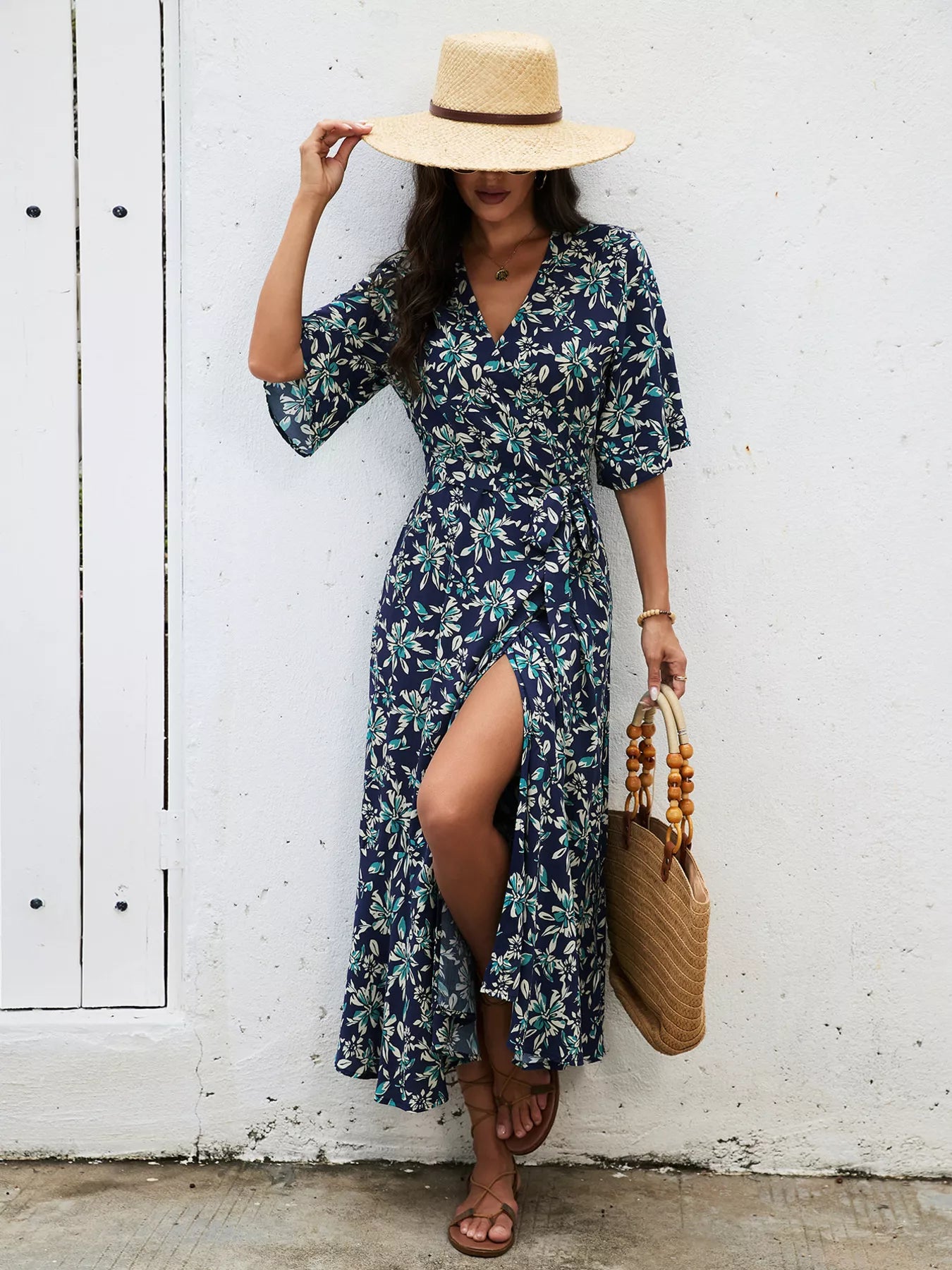 Trendsi Slit Printed Surplice Midi Dress -