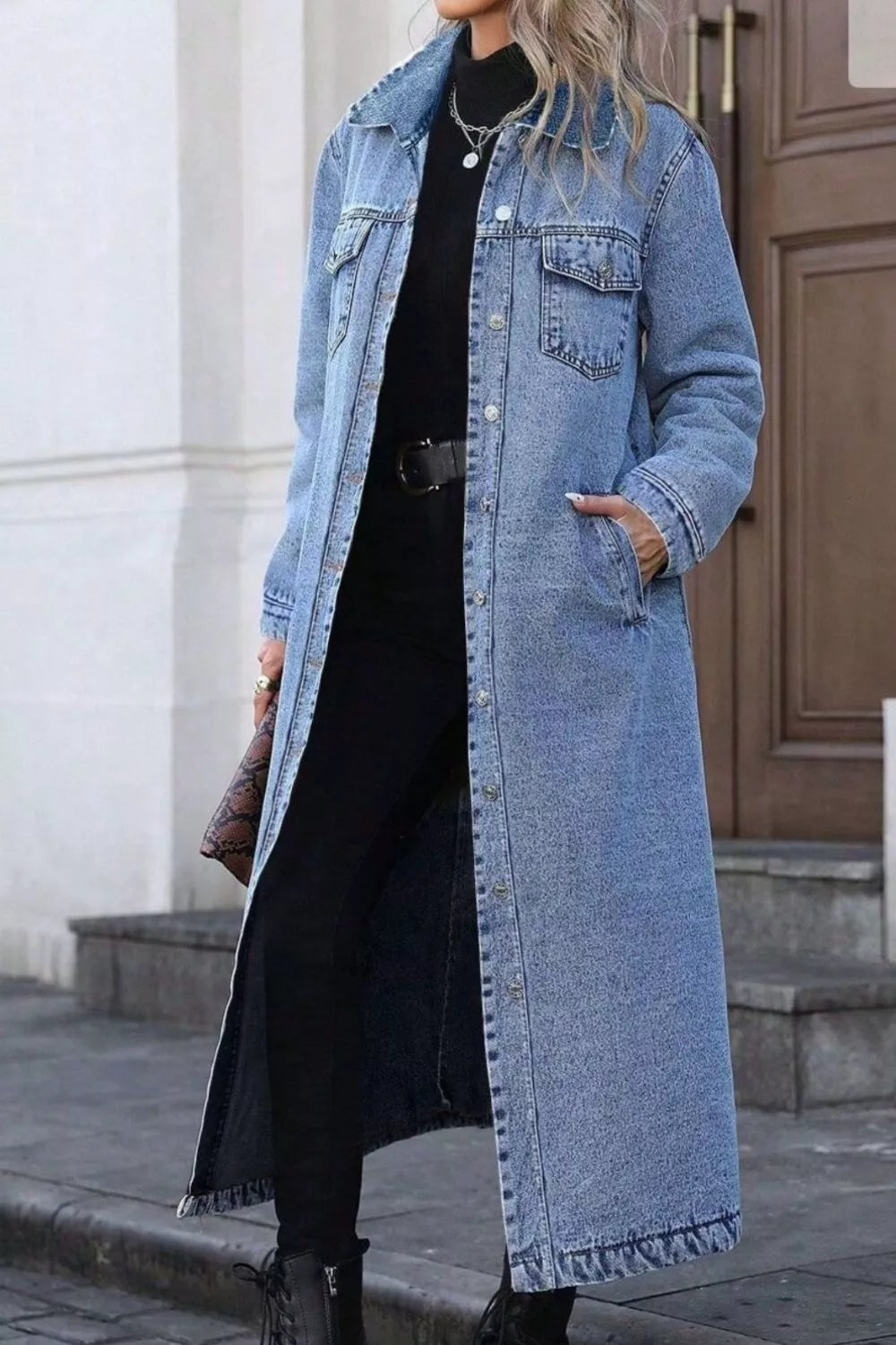 Trendsi Longline Button-Front Denim Jacket -