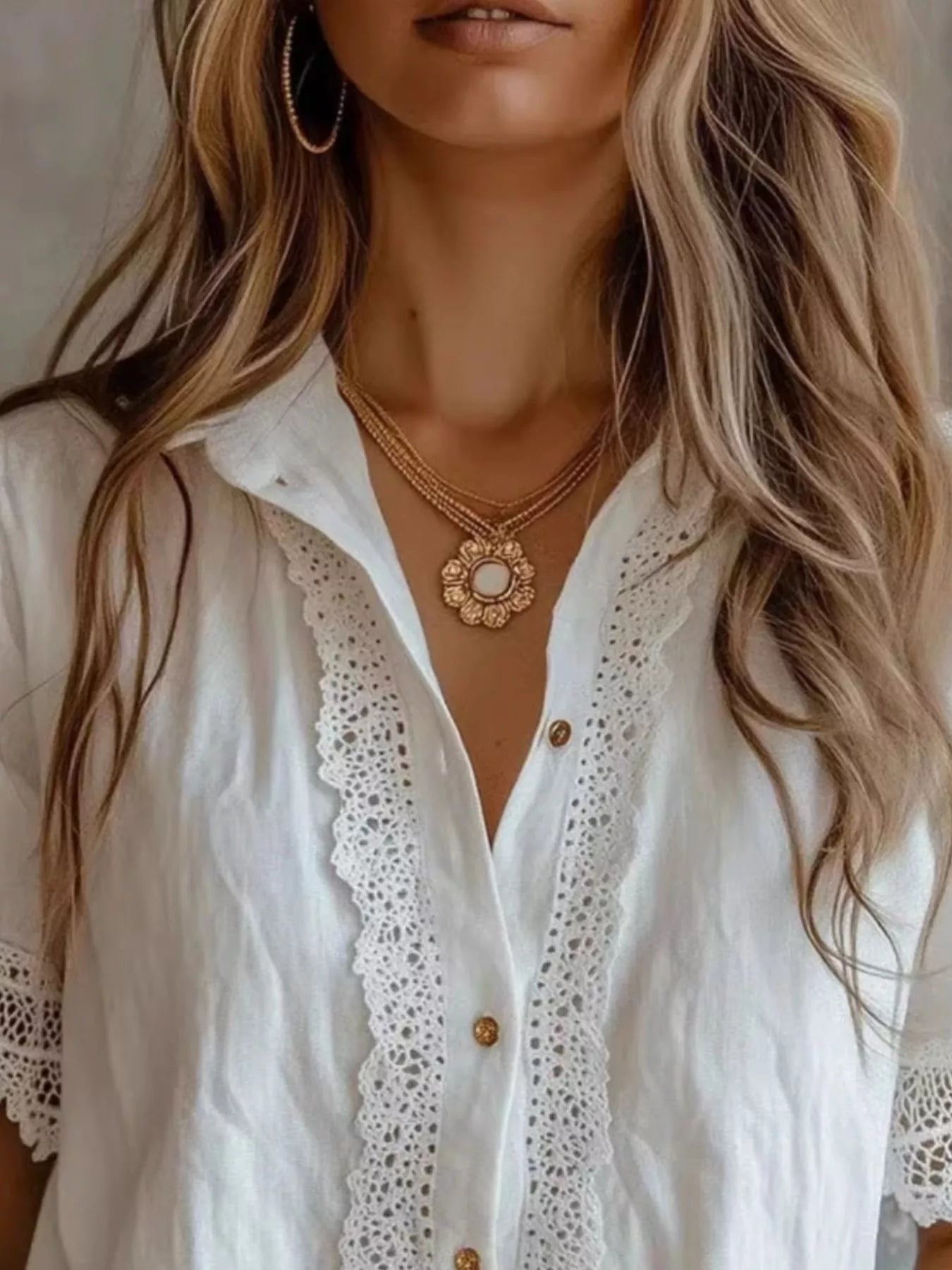 Trendsi Lace-Trimmed Short Sleeve Button-Down Shirt -