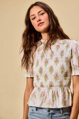 Trendsi SO ME Floral Cotton Smocked Short Sleeves Blouse -