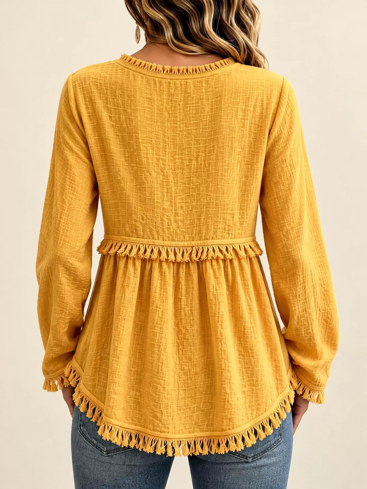 Fringe-trim blouse, mustard back