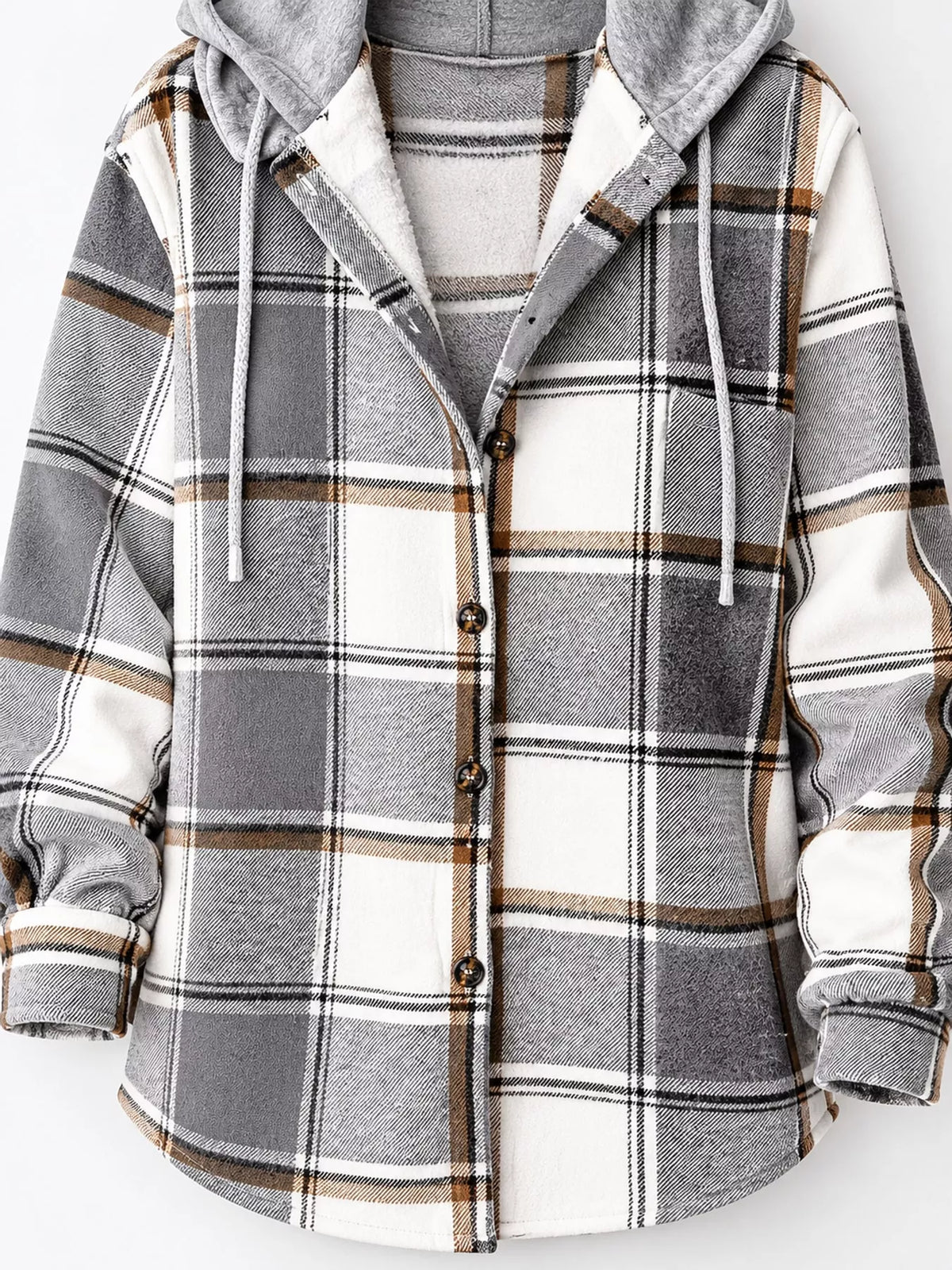 Button-Down Printed Contrast Hooded Shacket — garment construction details