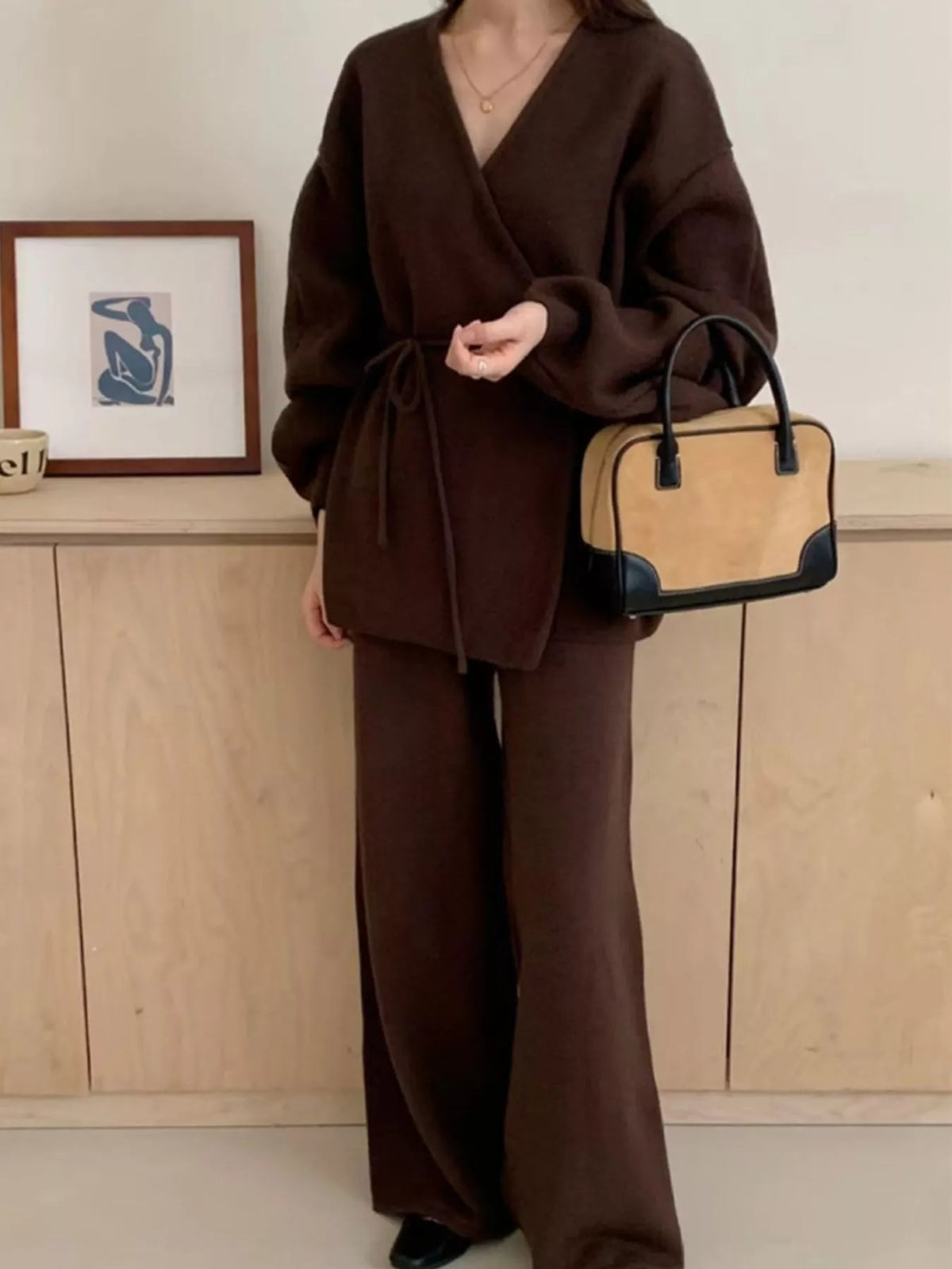 V-Neck Tied Wrap Cardigan and Wide-Leg Pants Sweater Set — front view