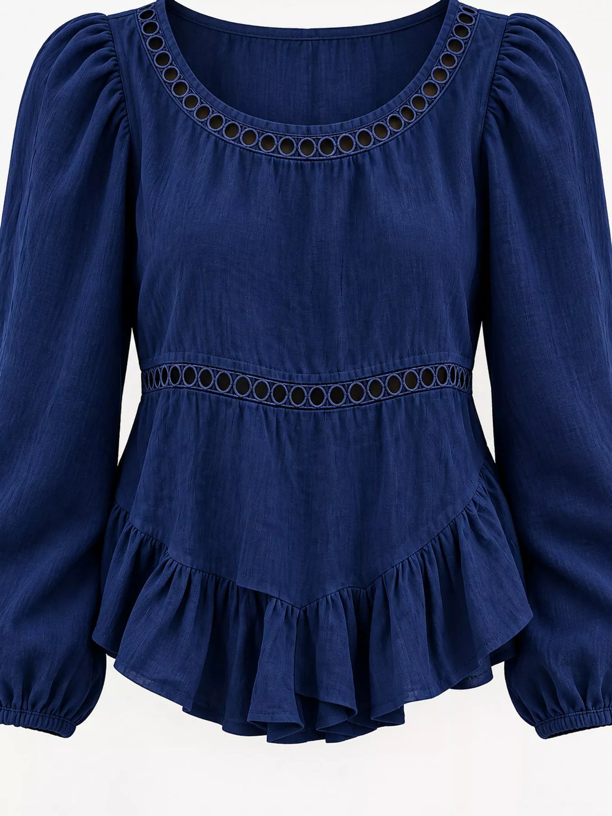 Women's Long Sleeve Blouse with Eyelet Lace Trim and Ruffled Hem in navy — neckline detail view
