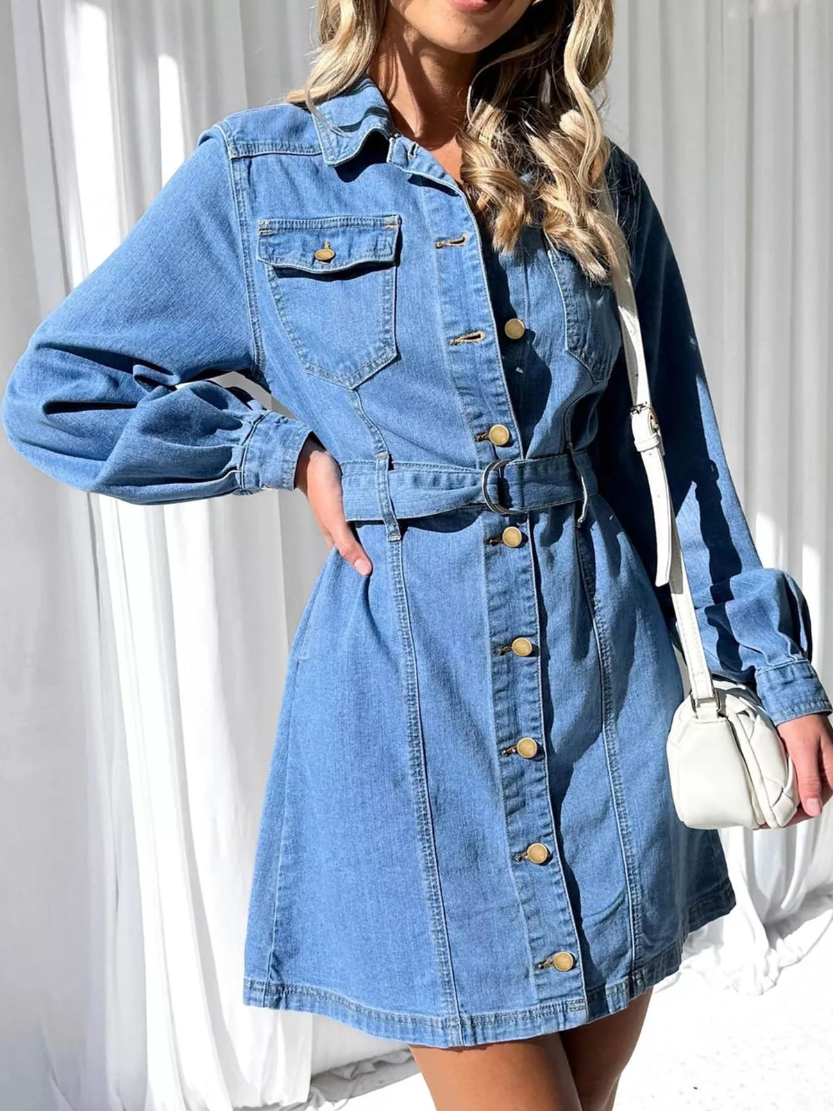 Button-Down Denim Dress with Belted Waist and Long Sleeves, front view