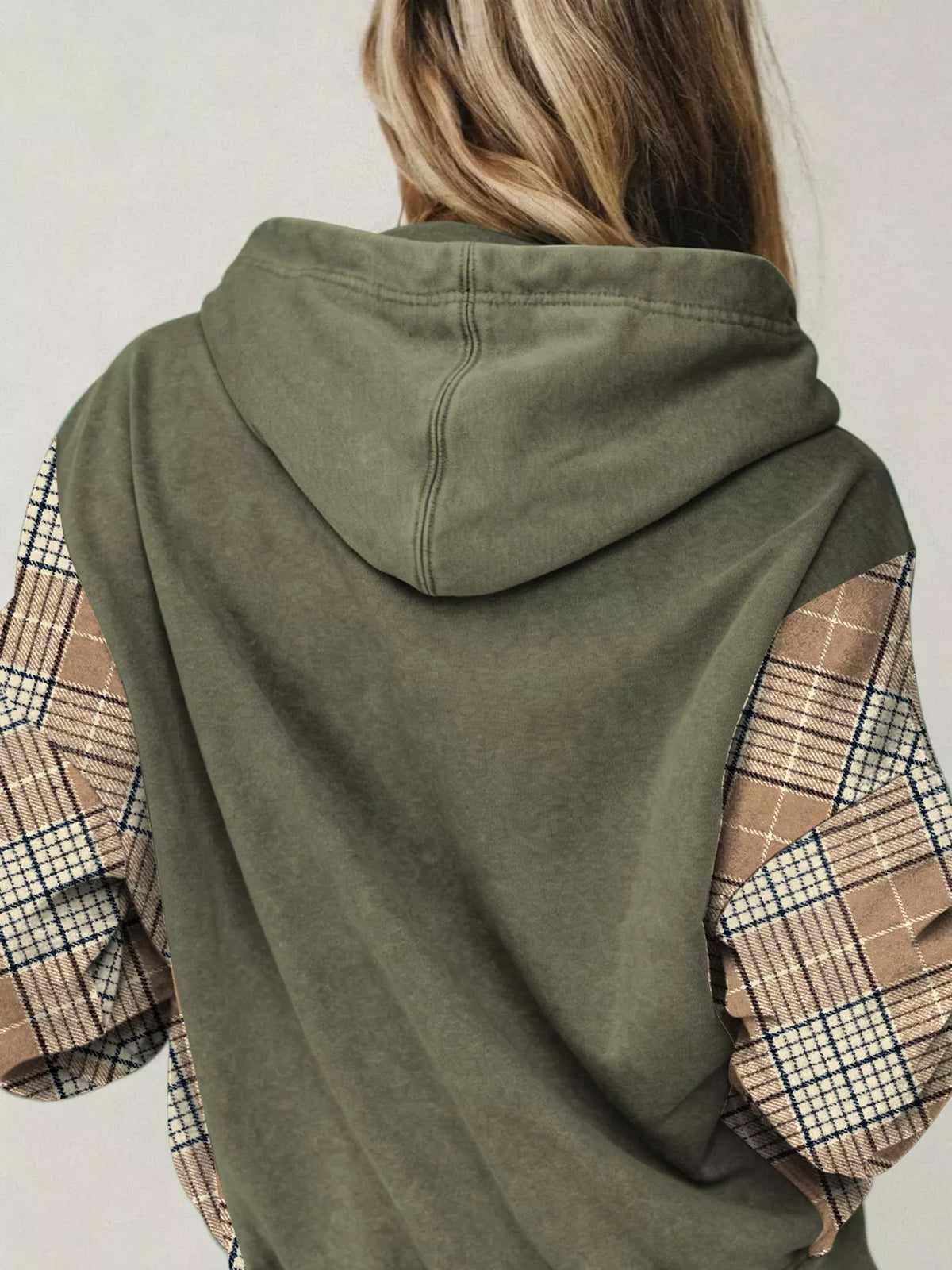 Plaid-sleeve hoodie, olive back hood