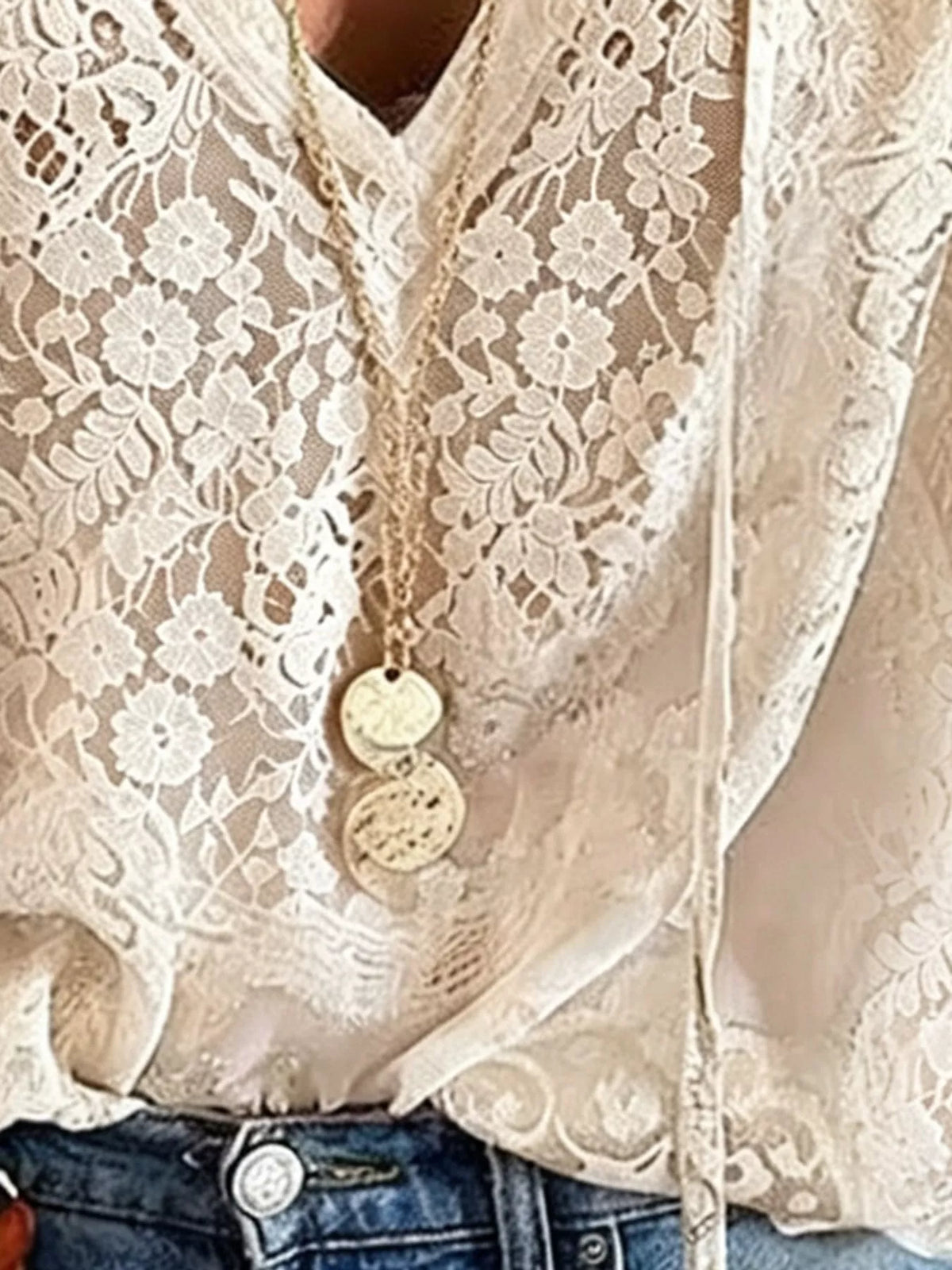 Cream lace long sleeve blouse, detail view