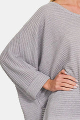Trendsi Zenana Waffle Knit V-Neck Long Sleeve Slit Top -