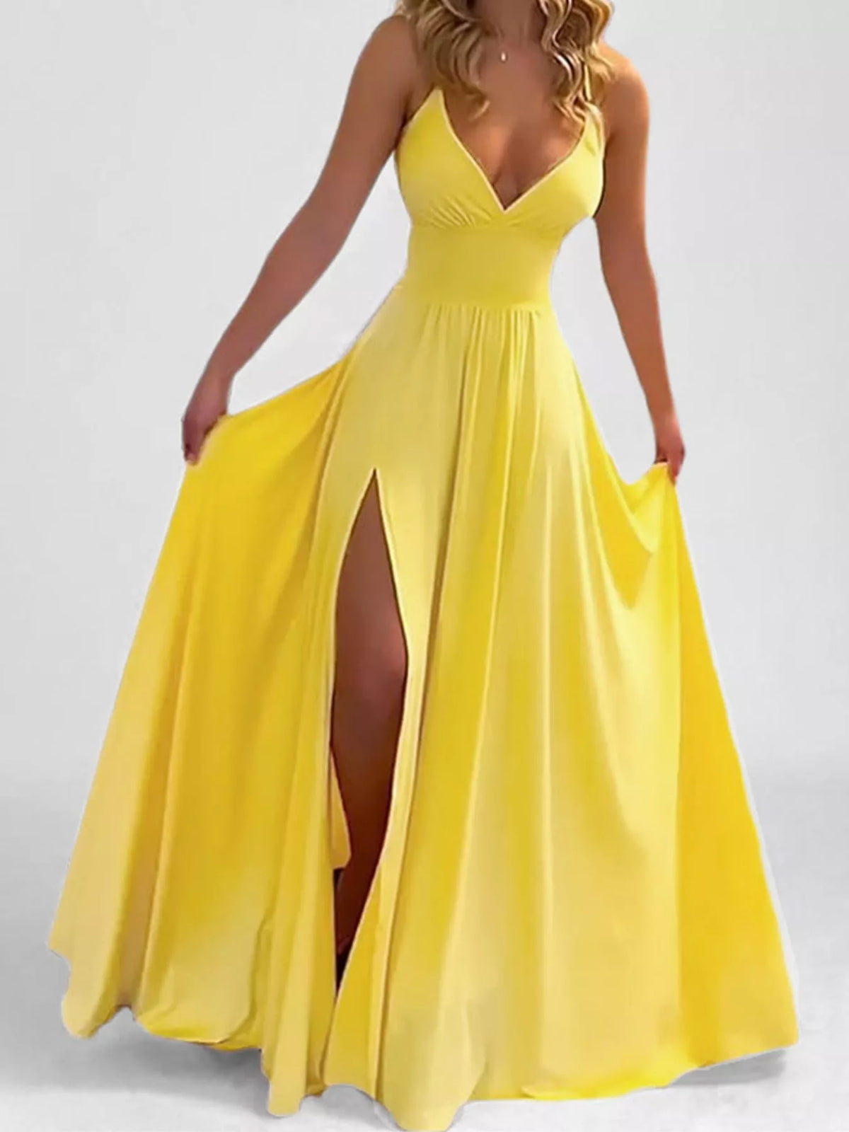 Yellow sleeveless high slit maxi dress, front view