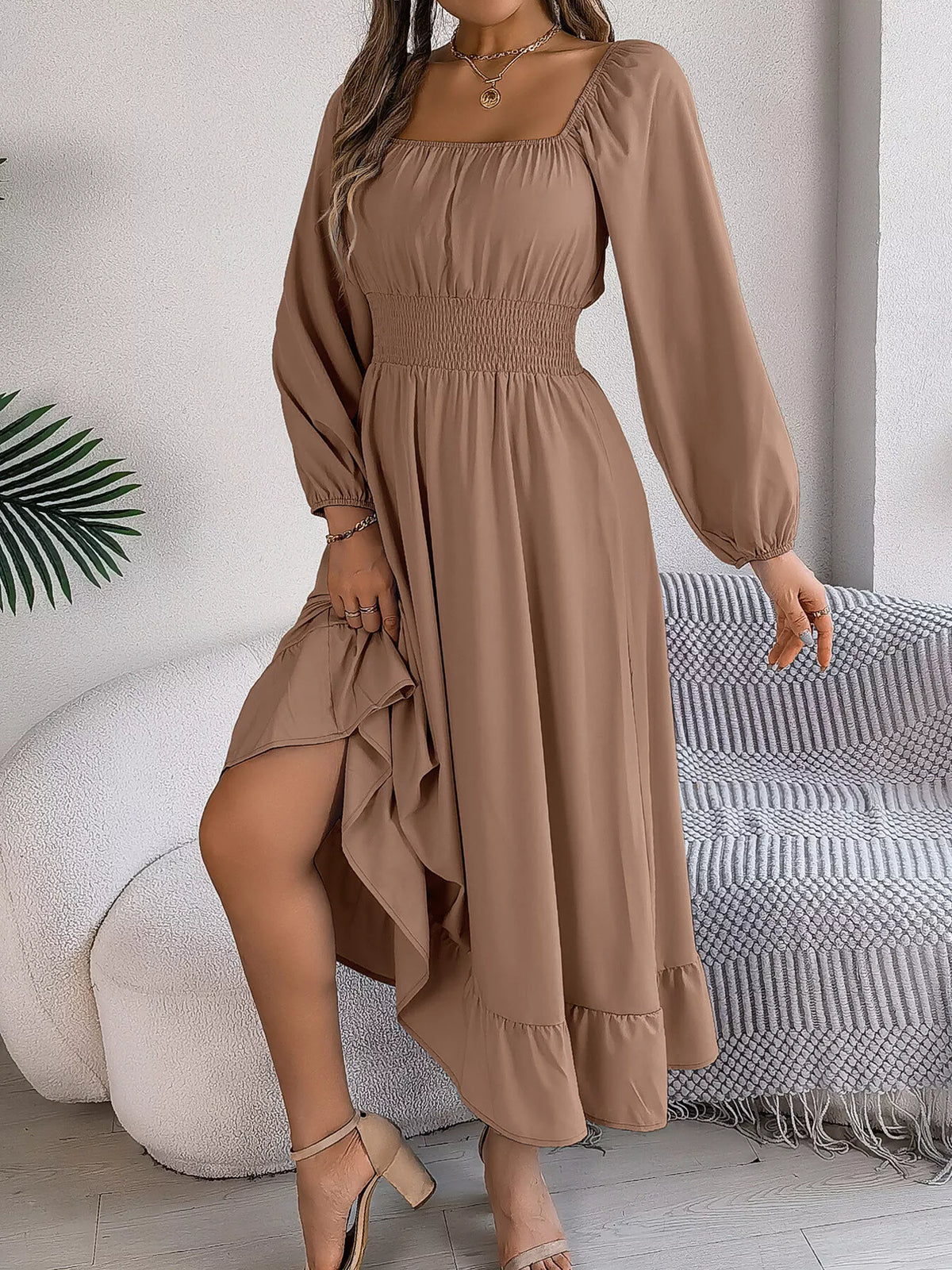 Dark Green square neck smocked waist long sleeve midi dress