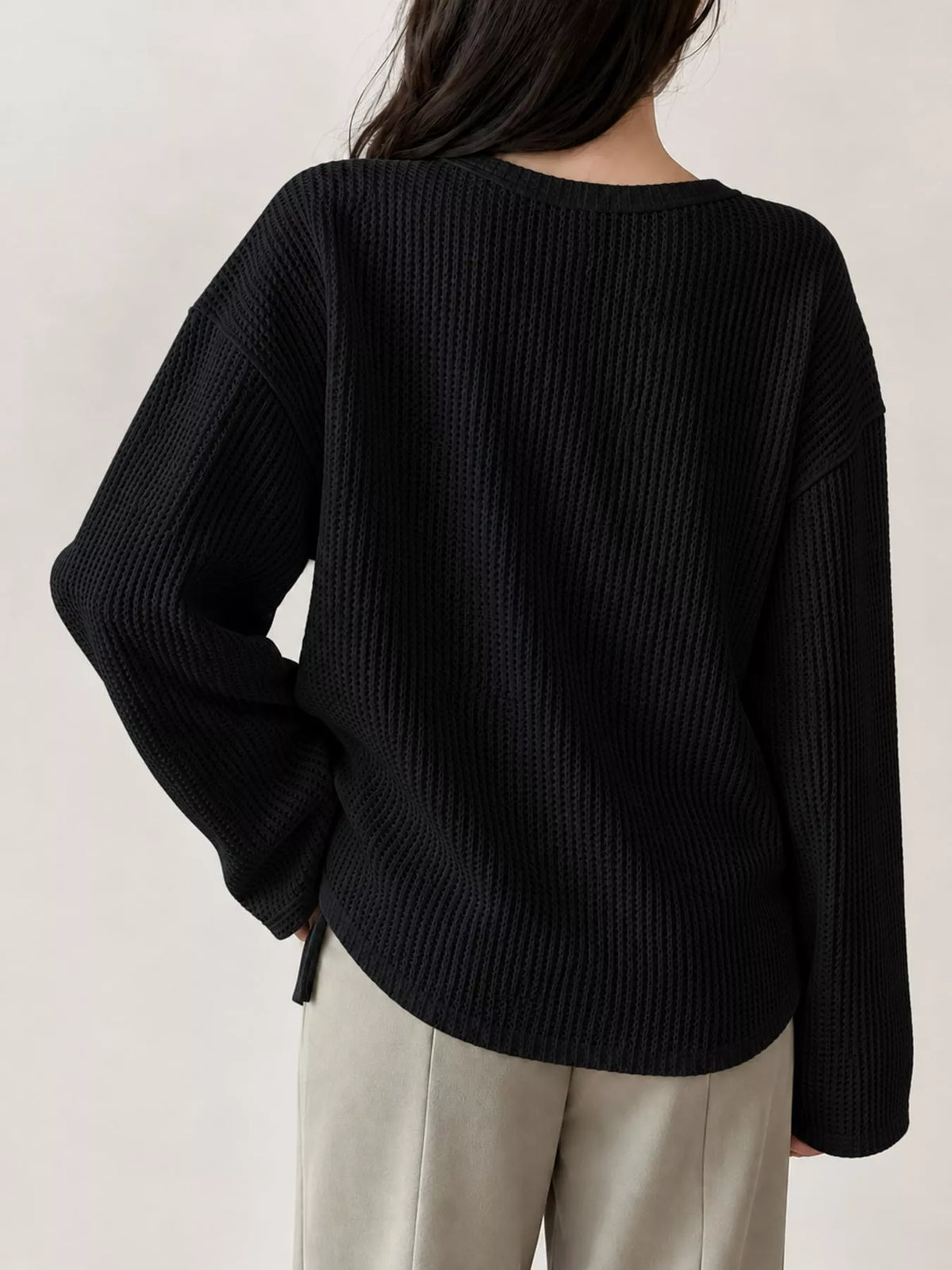 Split-Neck Waffle Knit Long Sleeve T-Shirt — back view