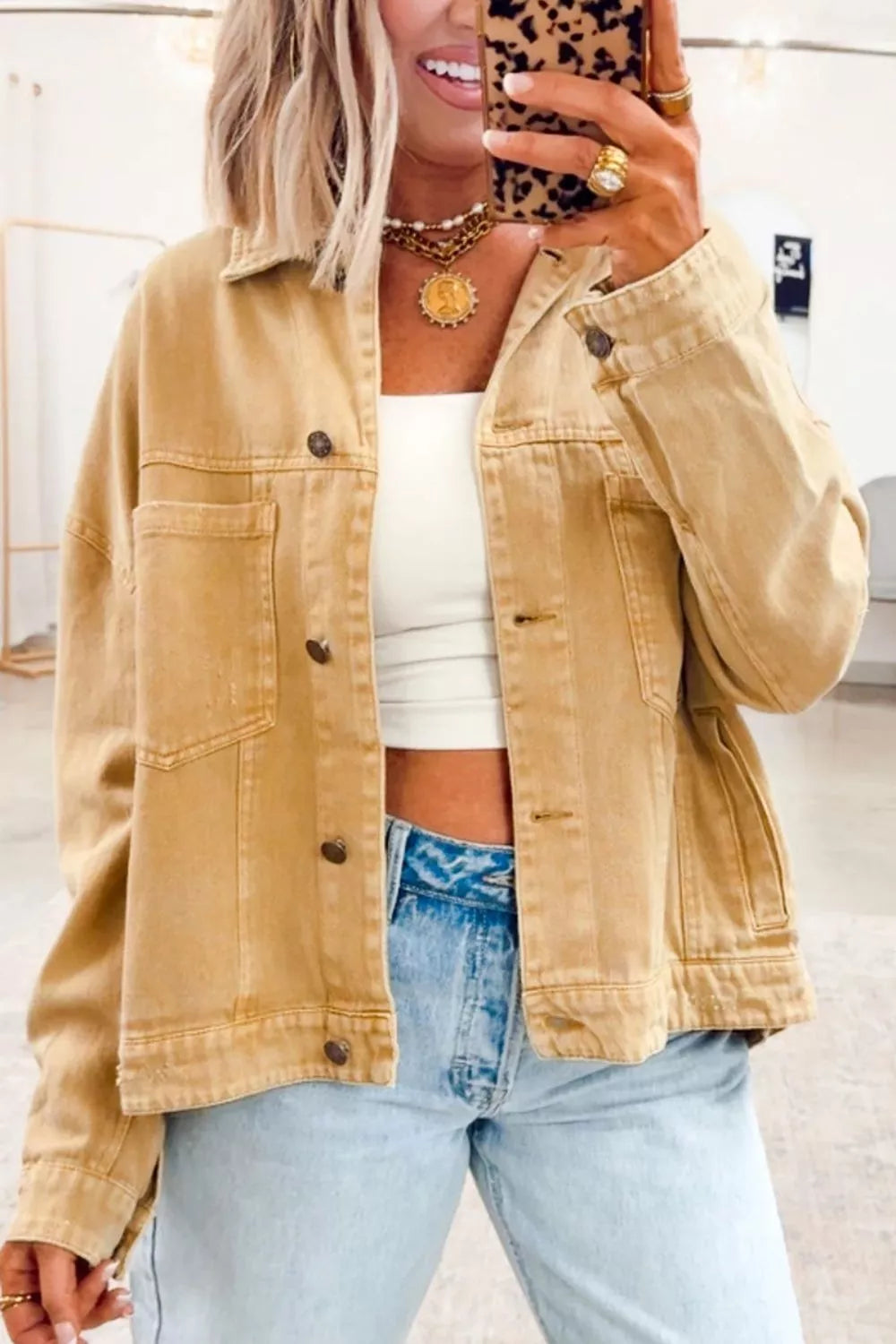 Trendsi Metal Button Front Long Sleeve Collar Denim Jacket -