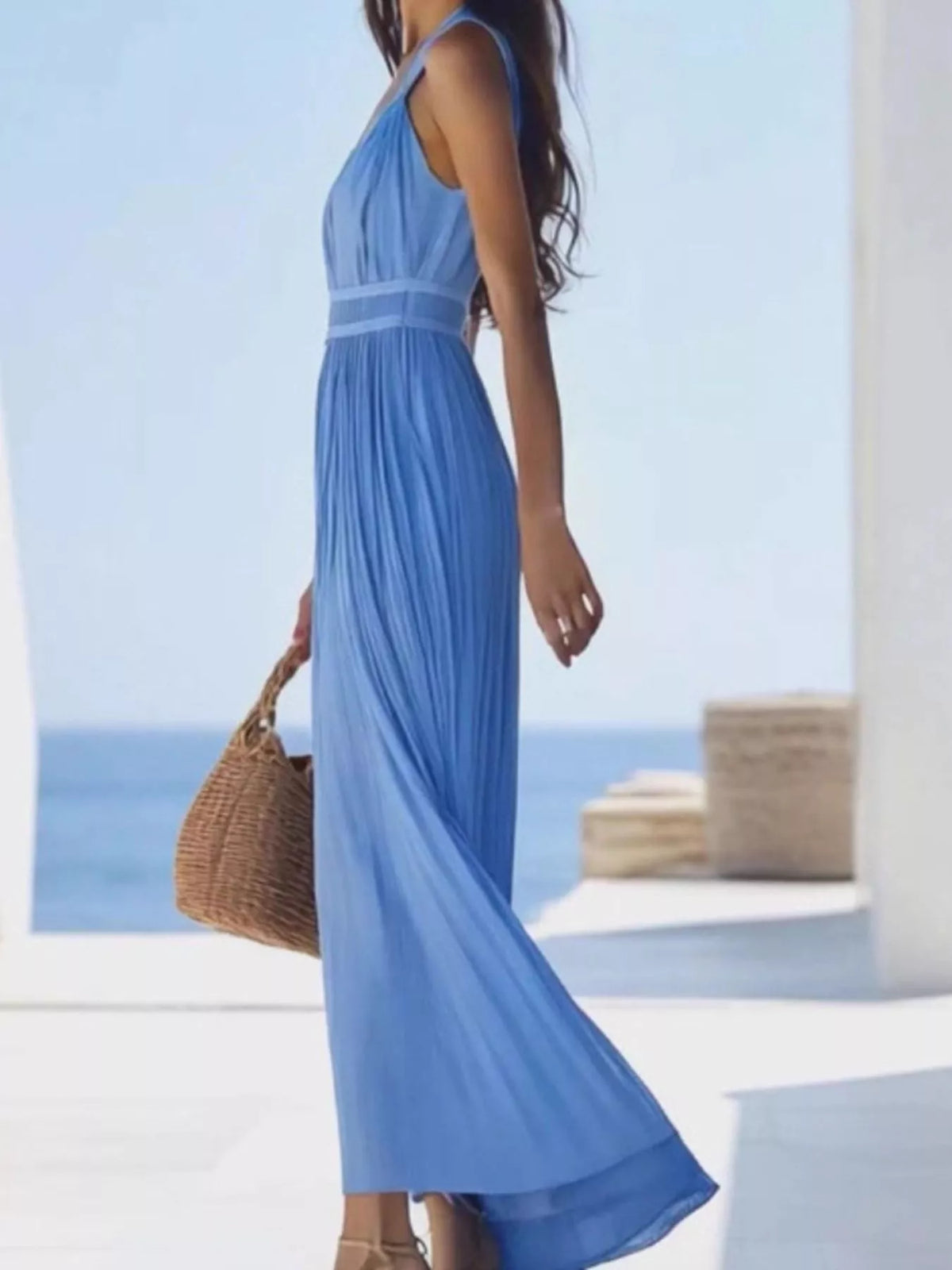 Trendsi V-Neck Sleeveless Pleated Maxi Dress -