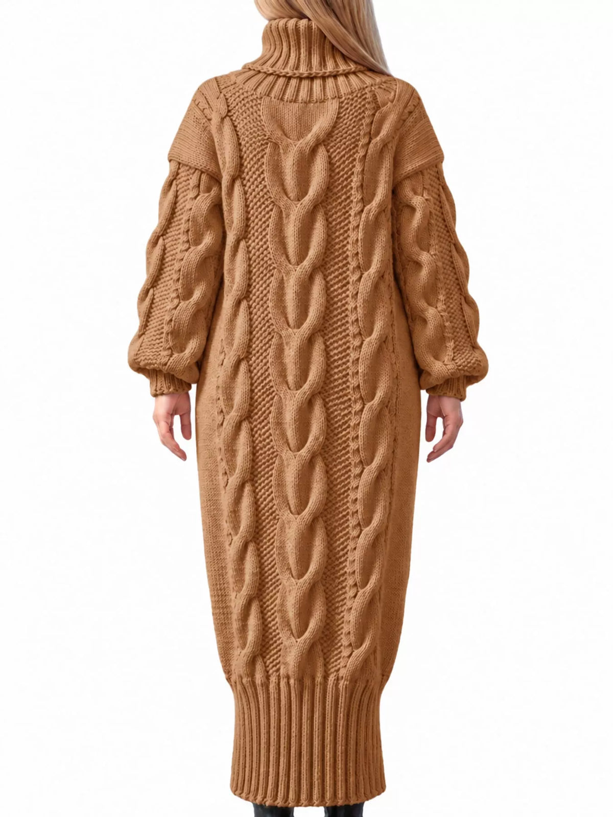 Camel oversized cable knit turtleneck sweater dress