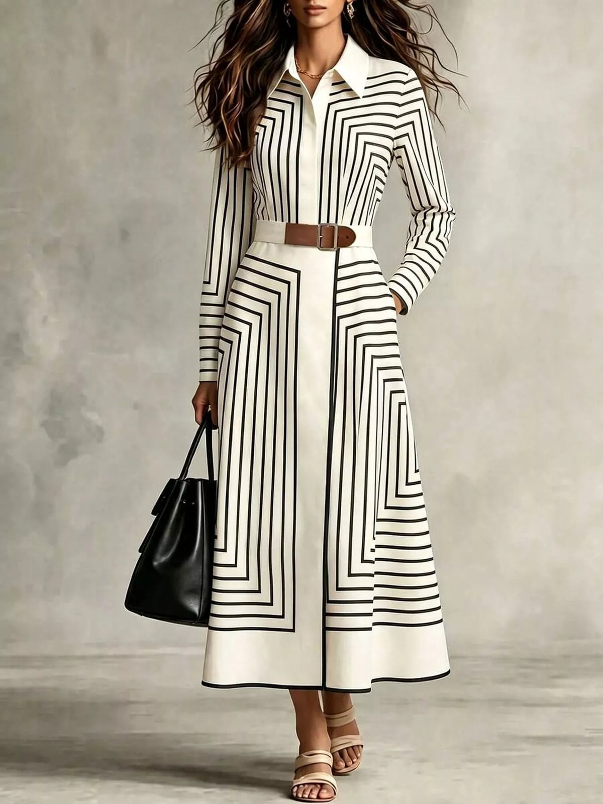 Geometric shirt dress, black and white front