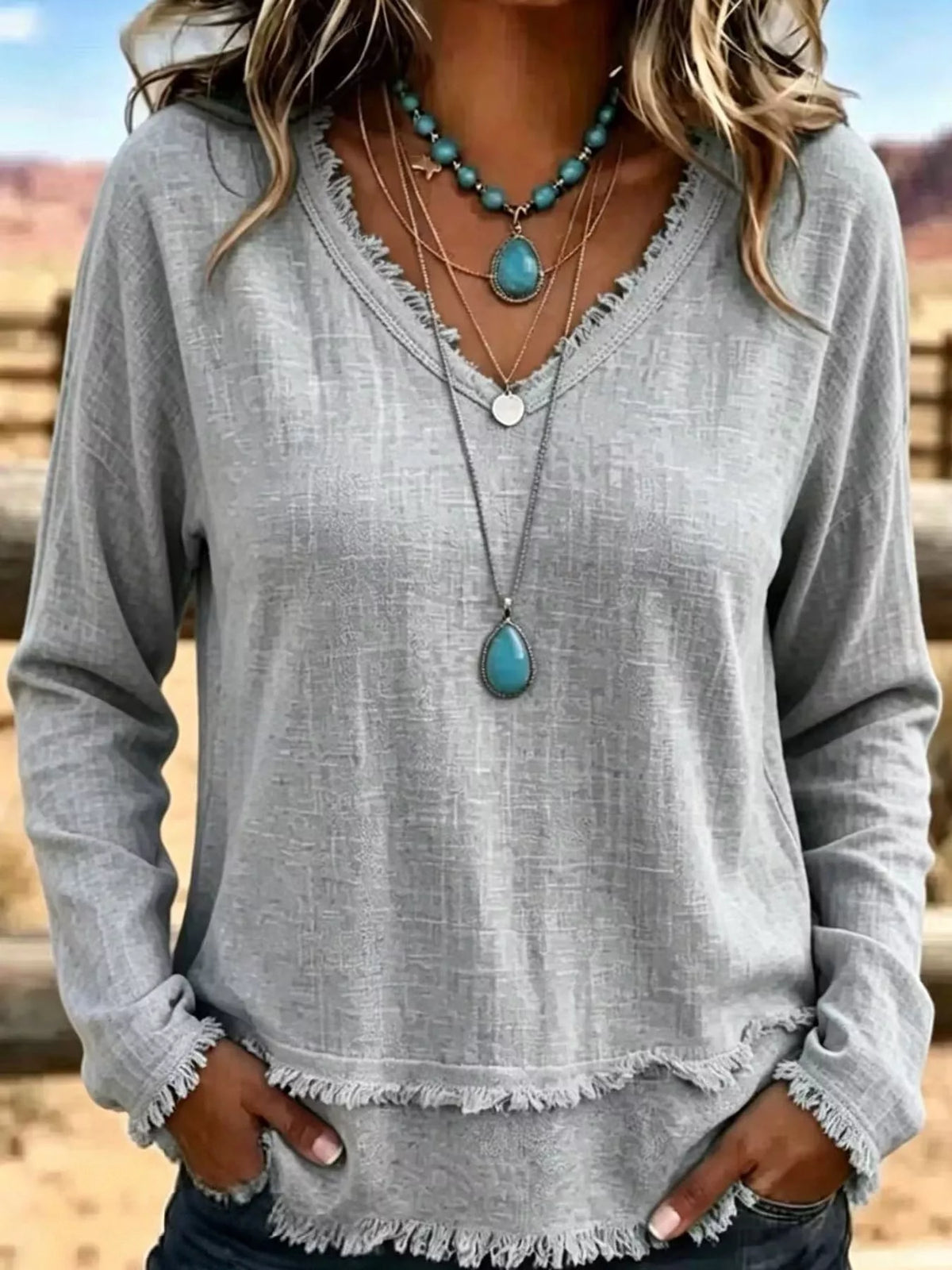Frayed-hem blouse, gray front on model