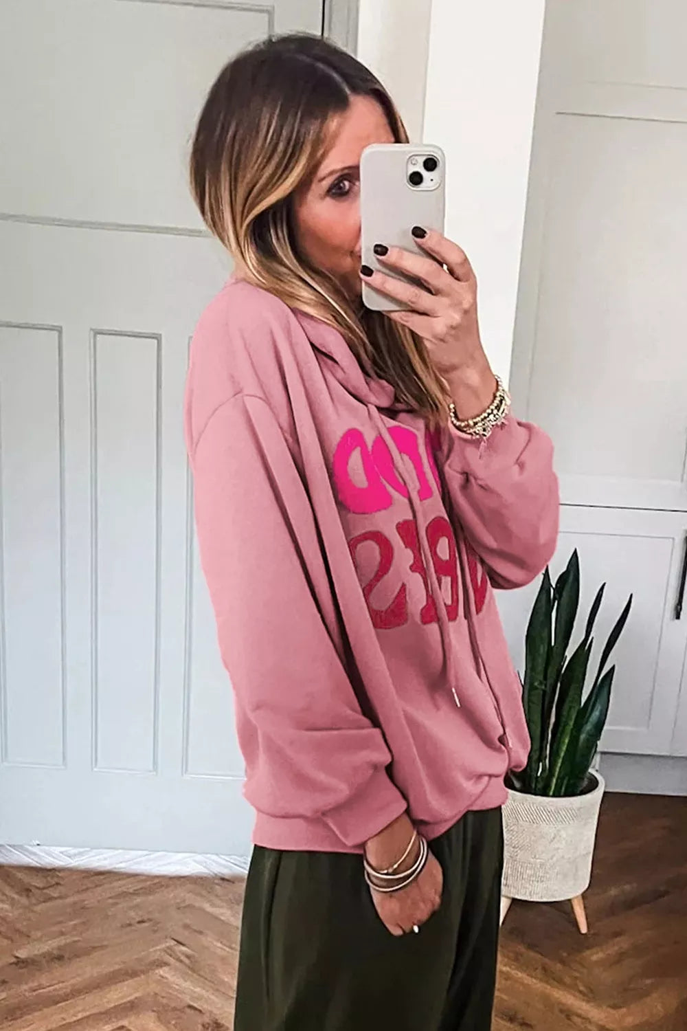GOOD VIBES Chenille Letter Graphic Hoodie — side view