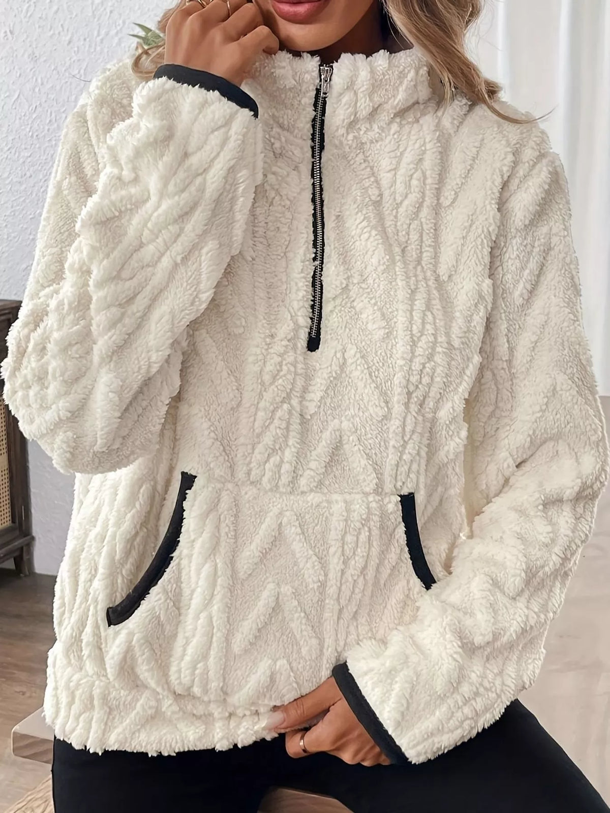 Women's Quarter-Zip Sherpa Sweatshirt in cream — front view