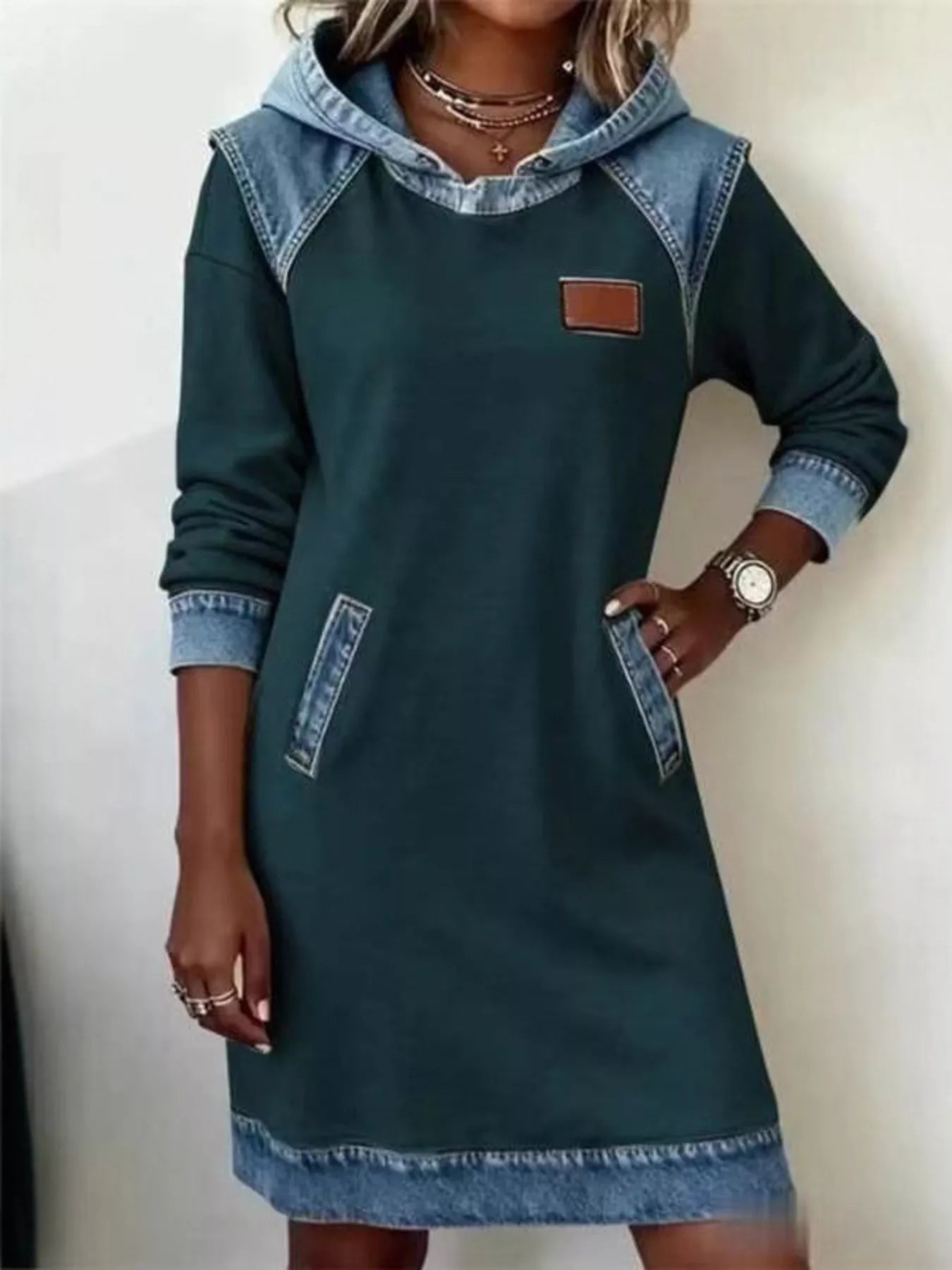 Trendsi Full Size Denim Patchwork Hooded Sweatshirt Dress Plus Size -