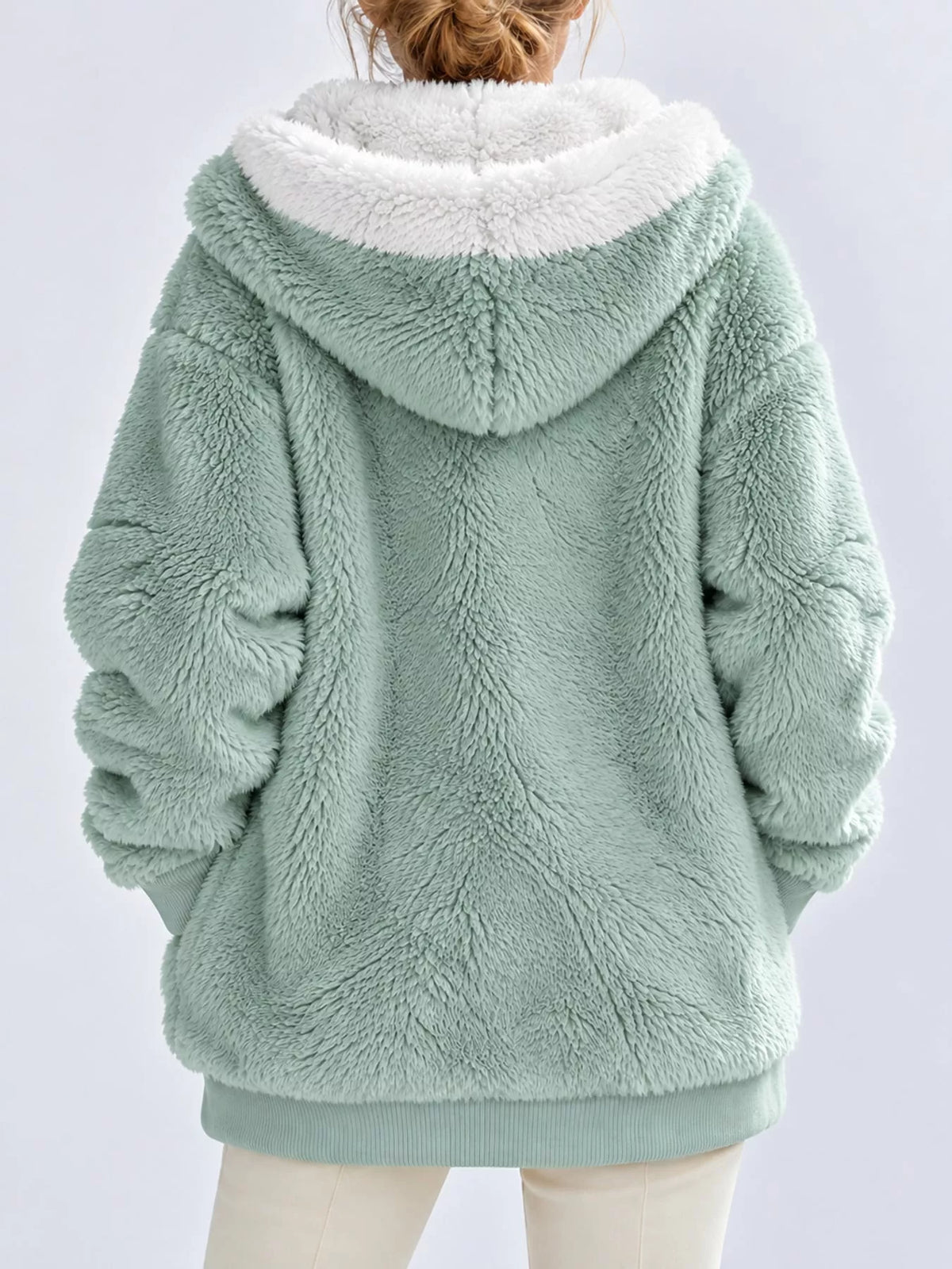 Green with white hood trim faux fur zip up hooded jacket, back view