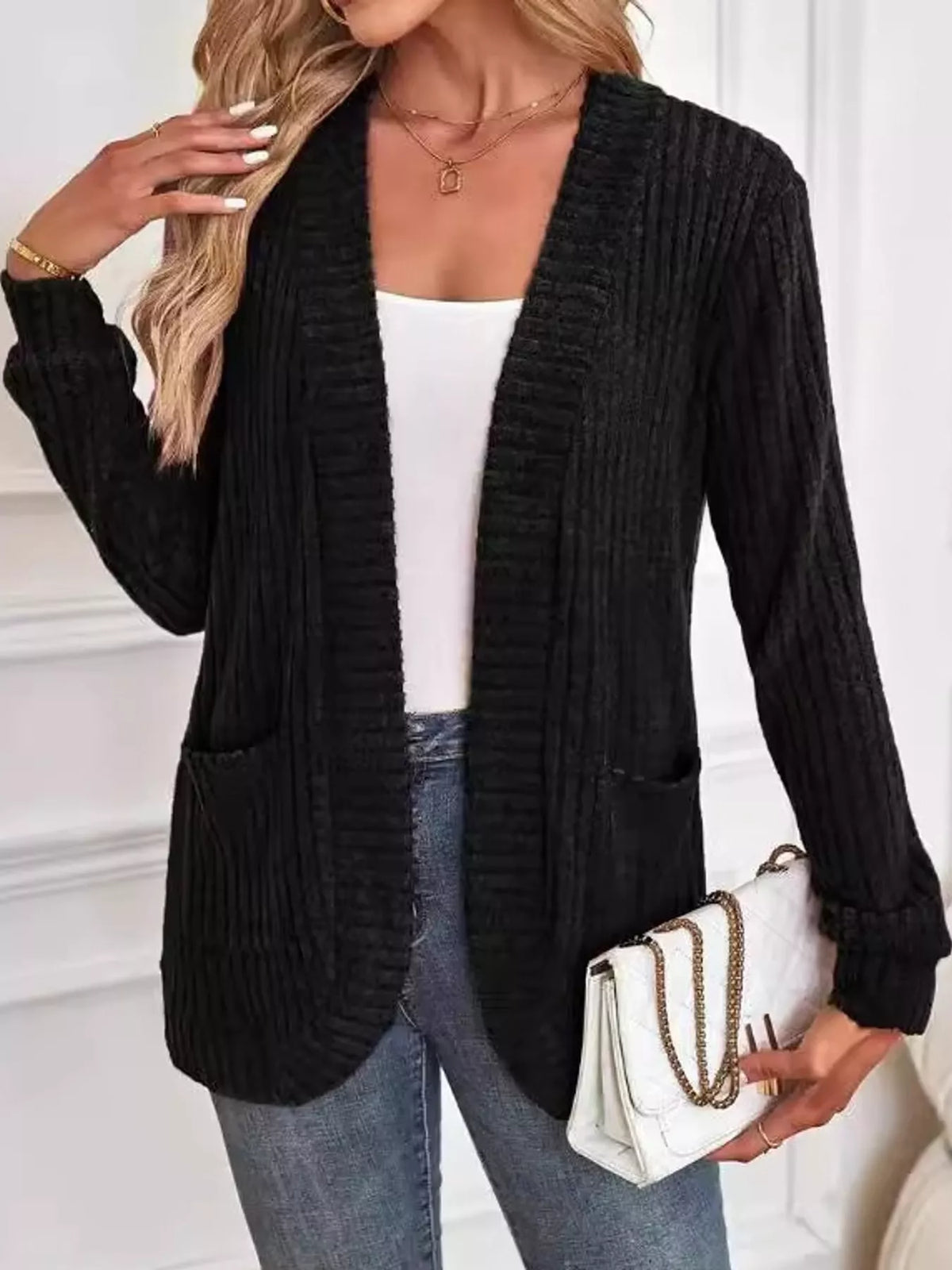 Ribbed Knit Open Front Cardigan with Pockets — front view