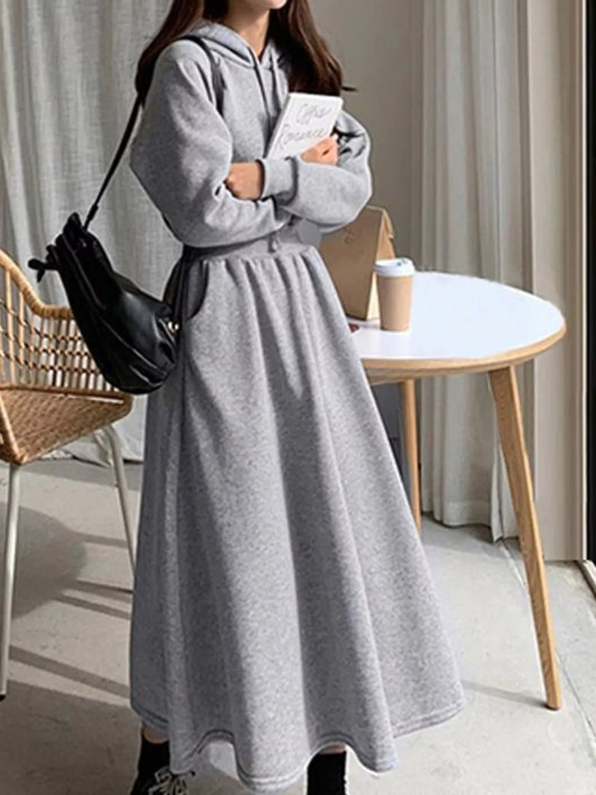 Hooded Long Sleeve A-Line Sweatshirt Dress in gray