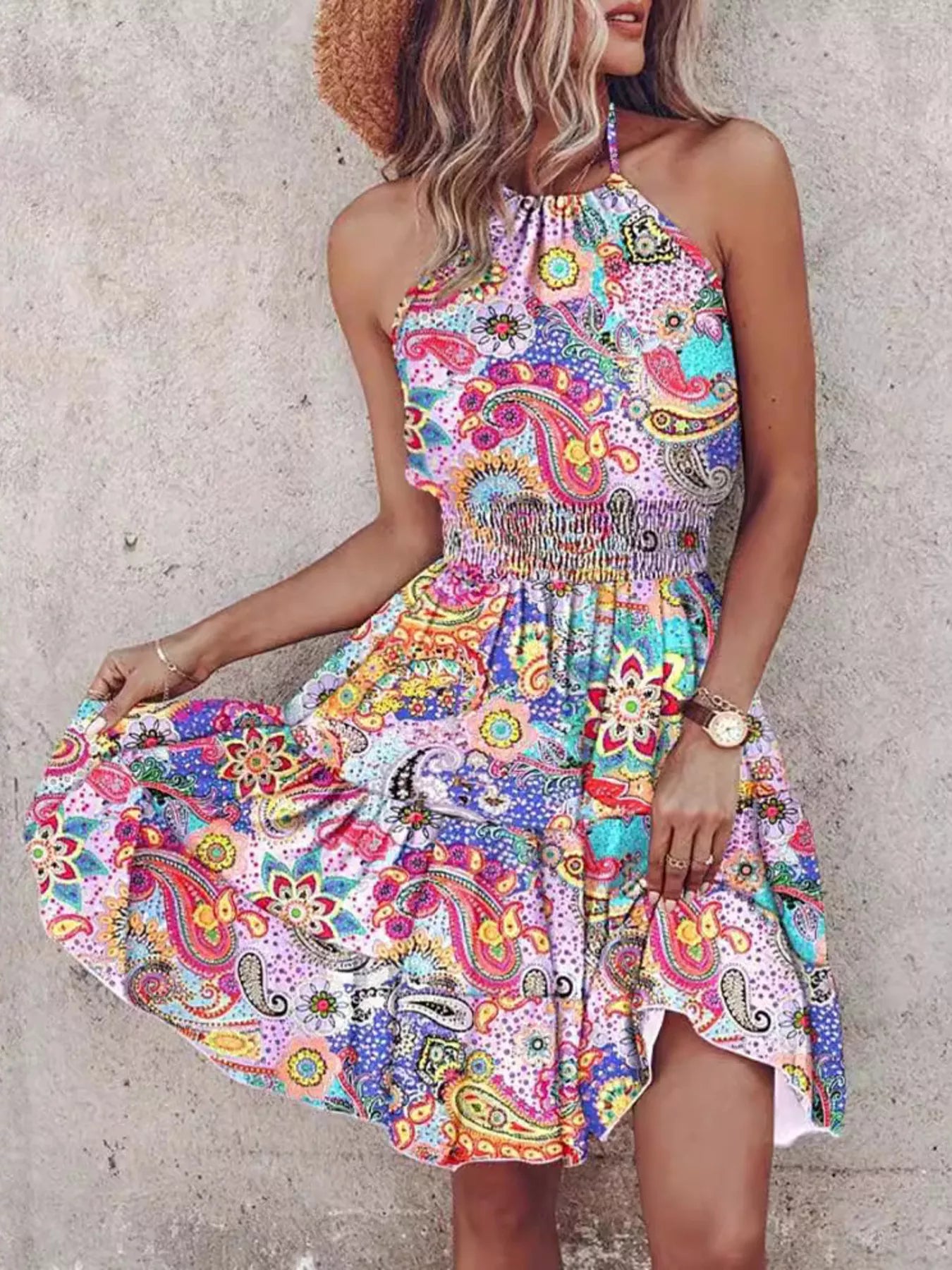 Trendsi Bohemian Printed Halter Mini Dress -