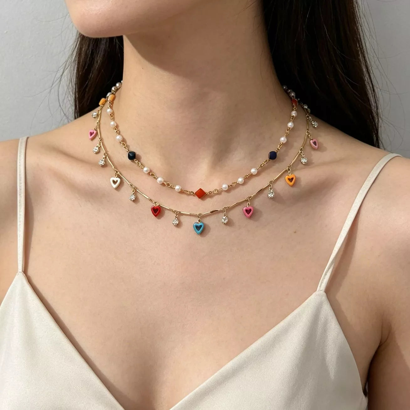 Trendsi 2 Piece Heart Charm Necklace -