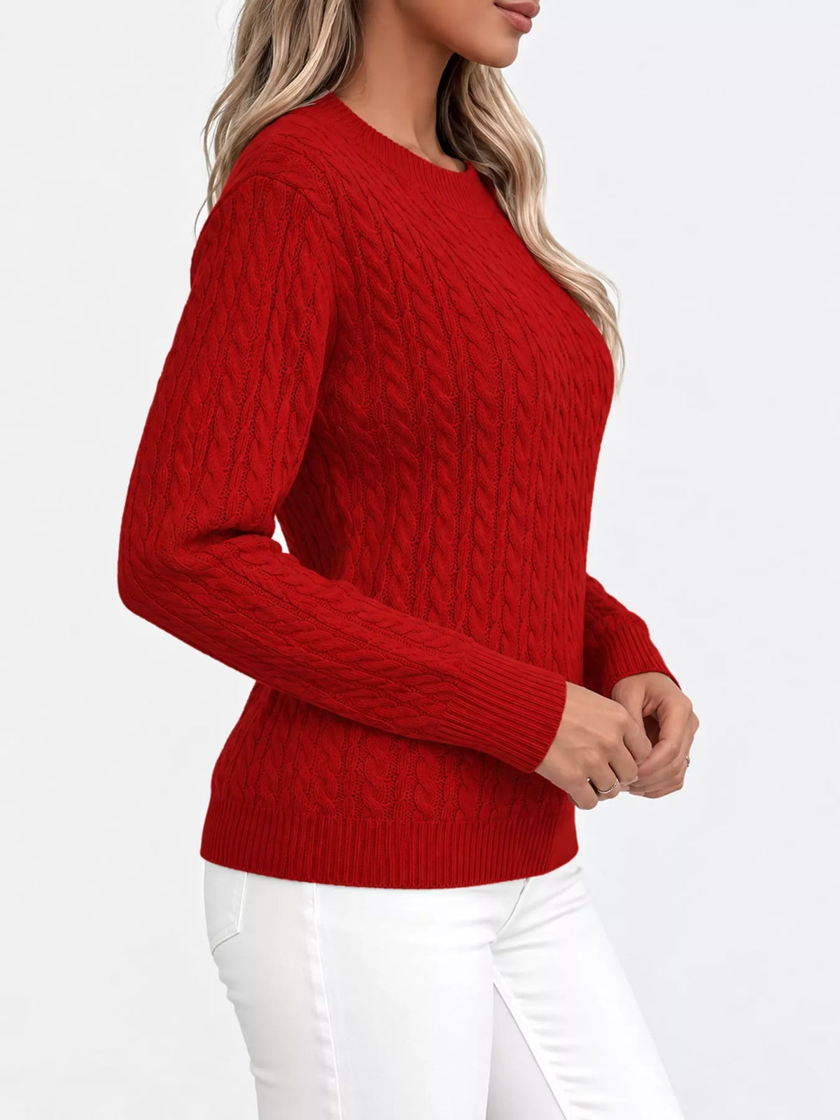 Red cable knit round neck sweater