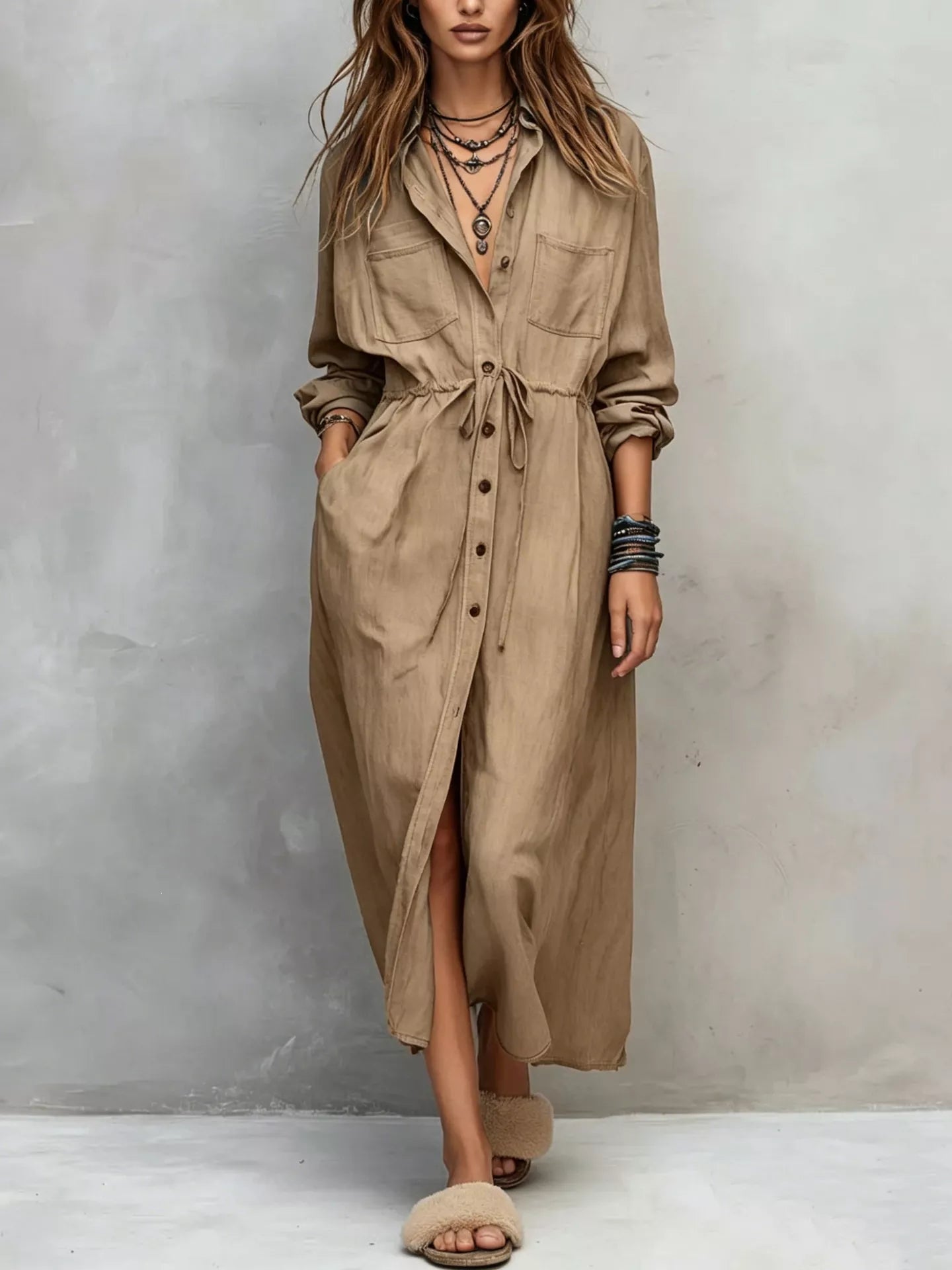 Trendsi Full Size Button Front Long Sleeve Shirt Dress Plus Size - Dresses
