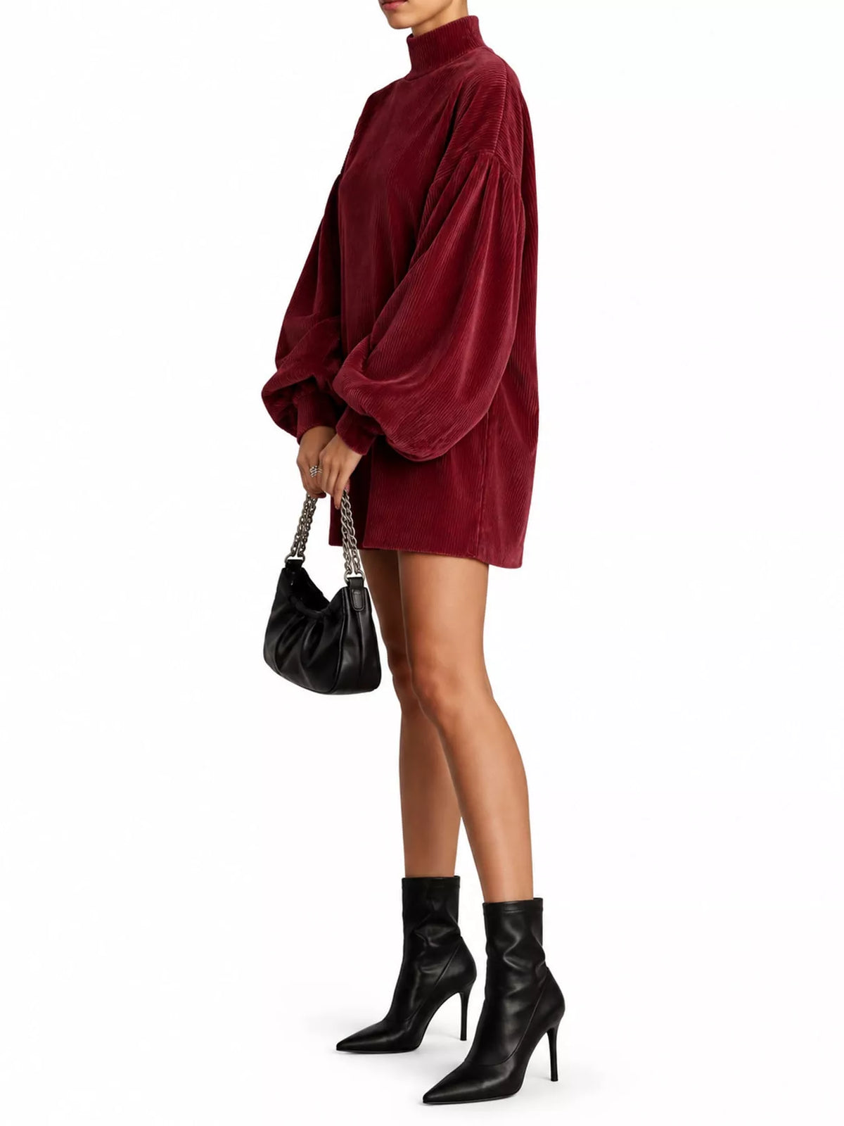 Corduroy Mock Neck Lantern Sleeve Mini Dress in burgundy, side view