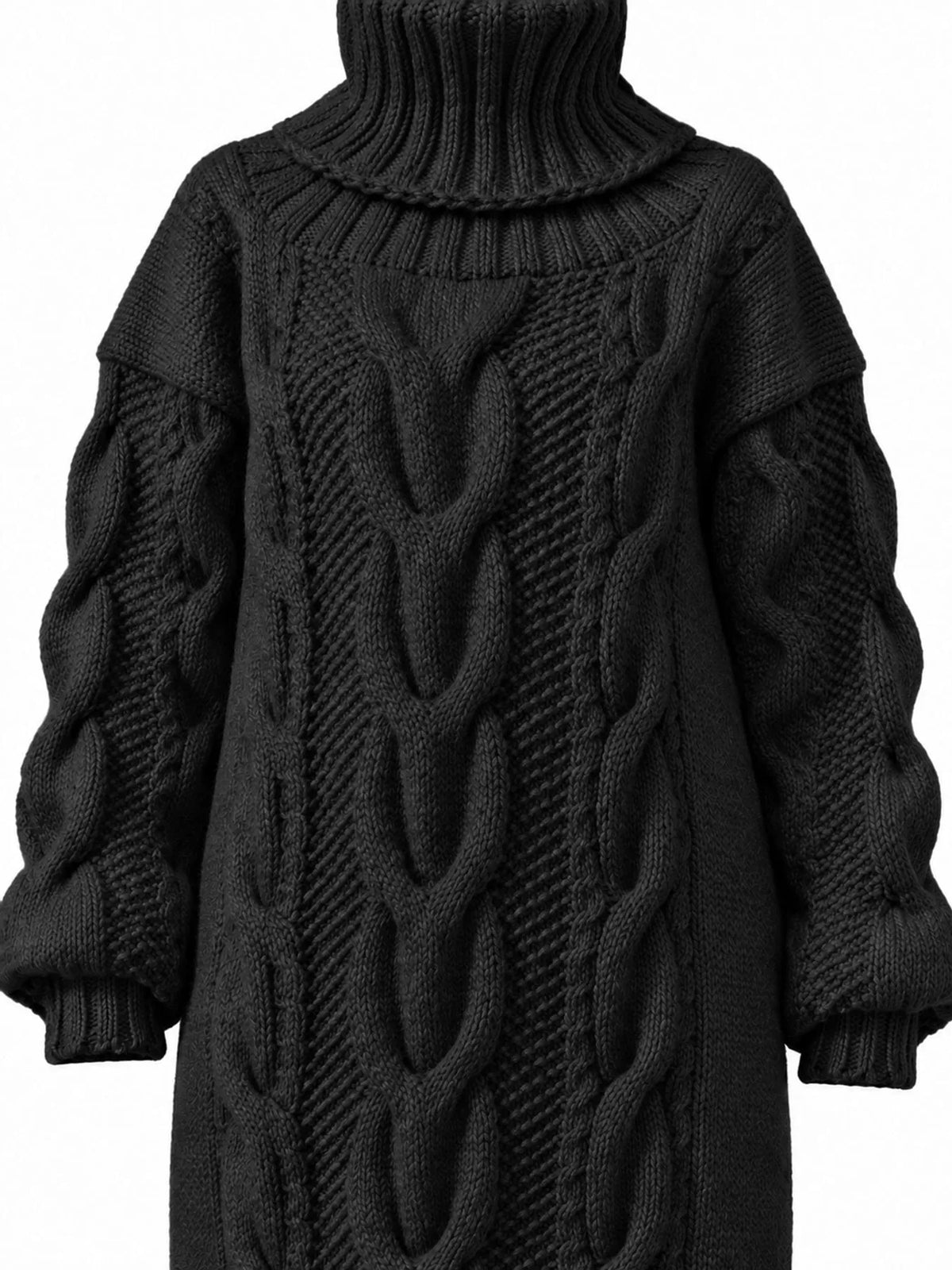 Black oversized cable knit turtleneck sweater dress